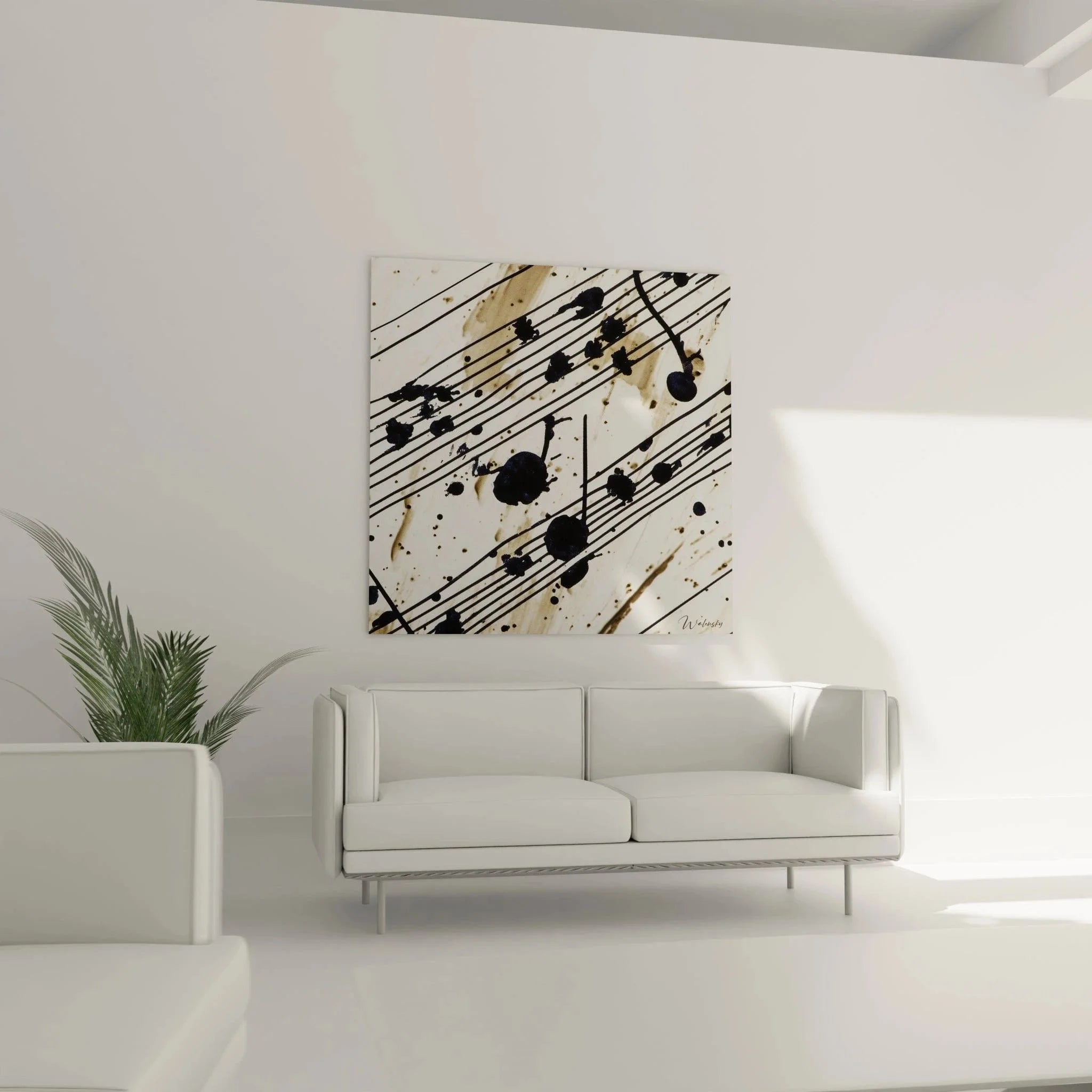 Detailansicht abstraktes Musik Wandbild mit schwarzen Notenlinien und organischen Formen