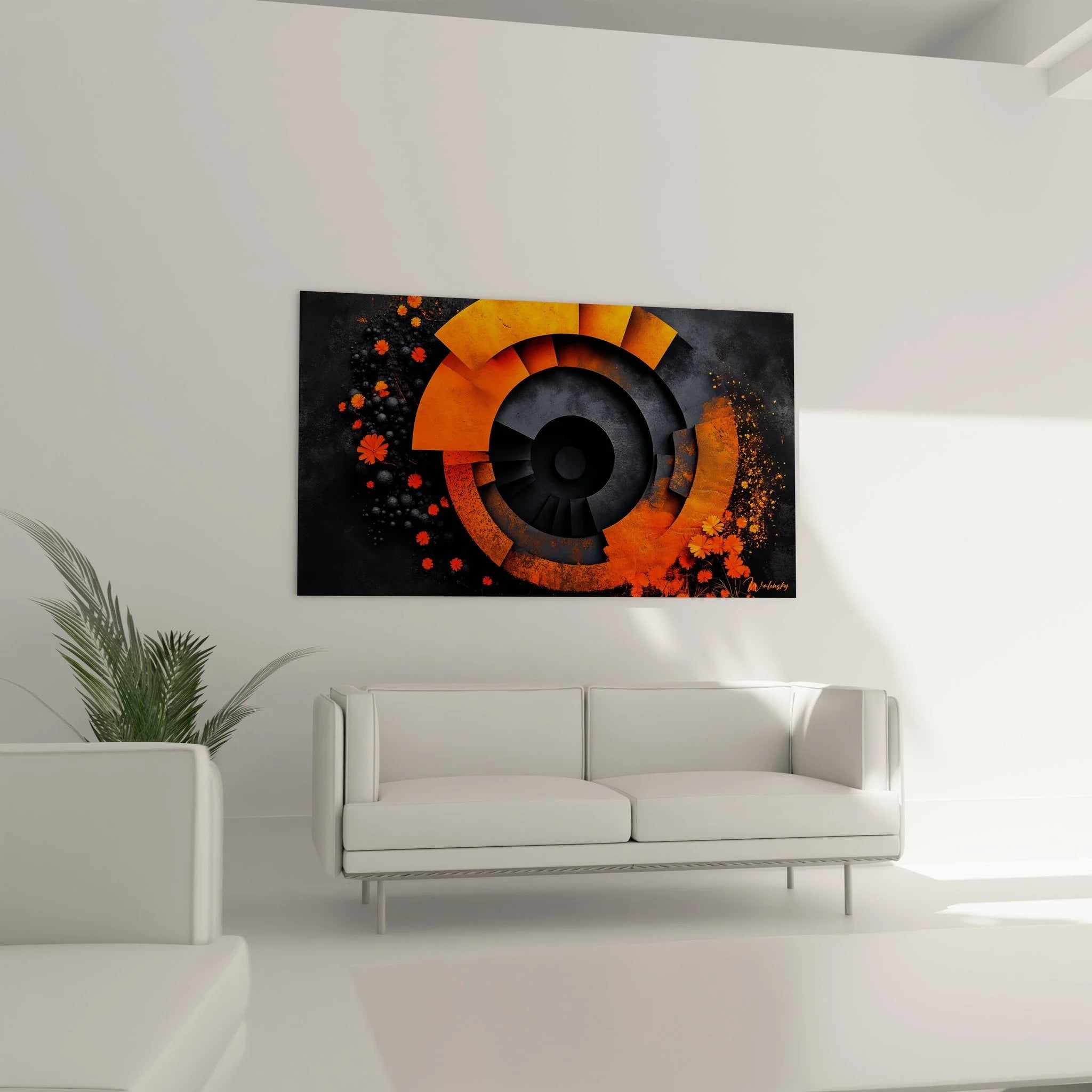 Detailansicht der abstrakten orange Spirale mit geometrischen Formen und Texturen