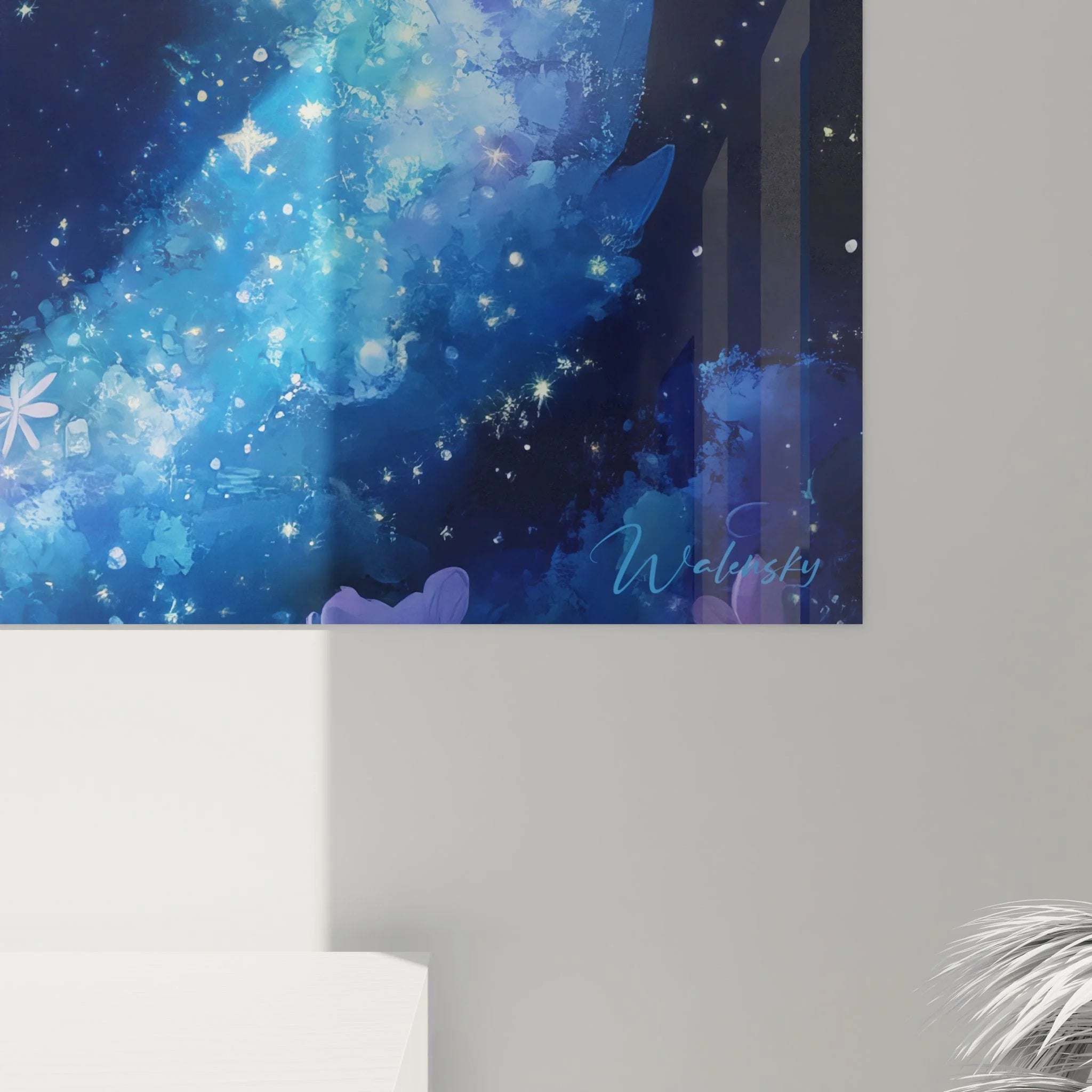 Gesamtansicht Wandbild abstrakte Spirale - blaue Galaxienblüte mit kosmischen Elementen