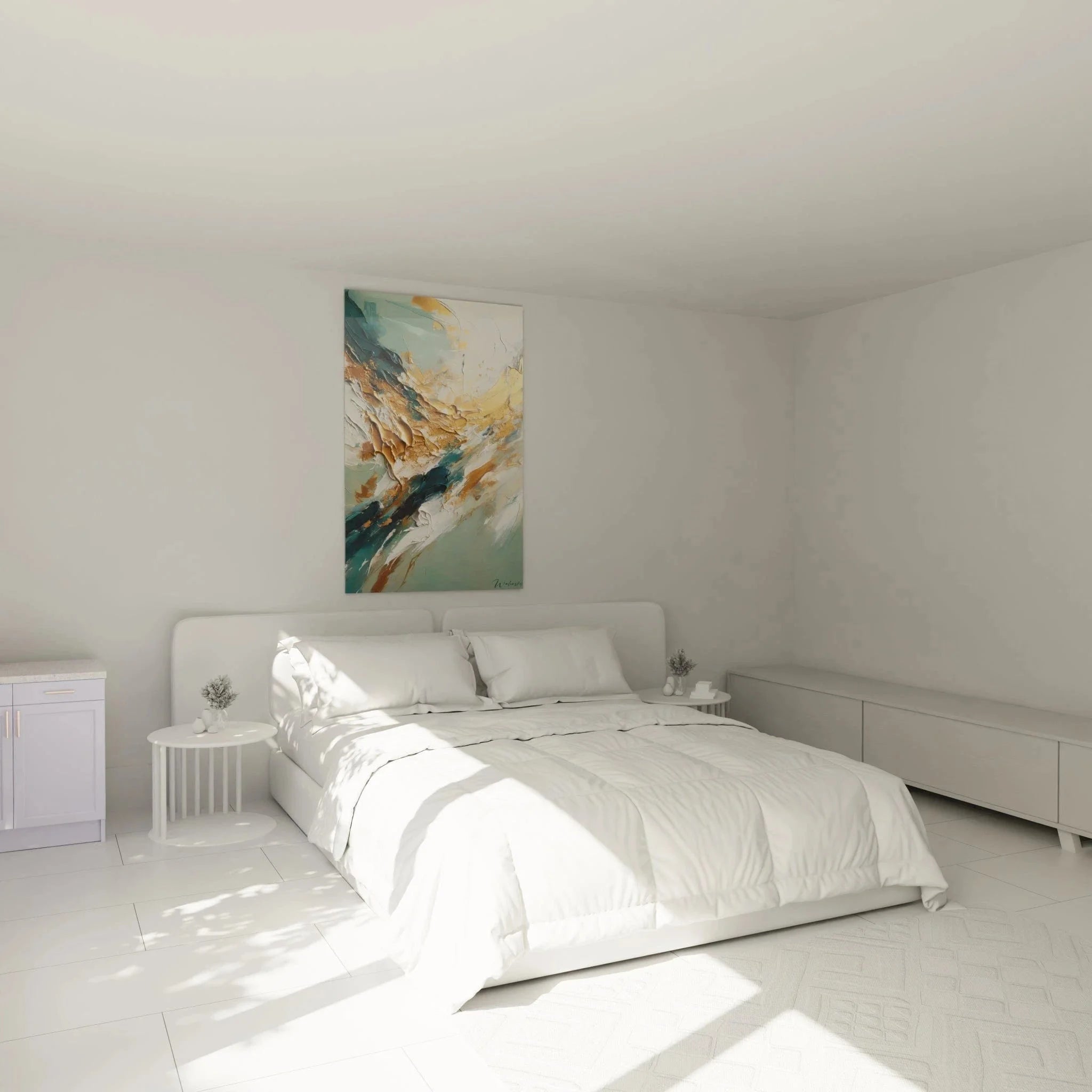 Abstrakte Wanddekoration türkis gold in modernem Schlafzimmer Ambiente Malerei-Optik