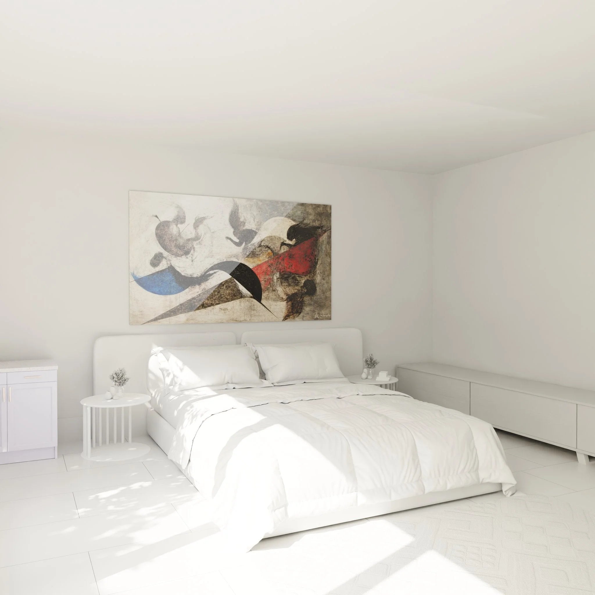 Abstrakte Wanddekoration im Schlafzimmer mit organischen Formen und warmen Farbtönen Malerei-Optik