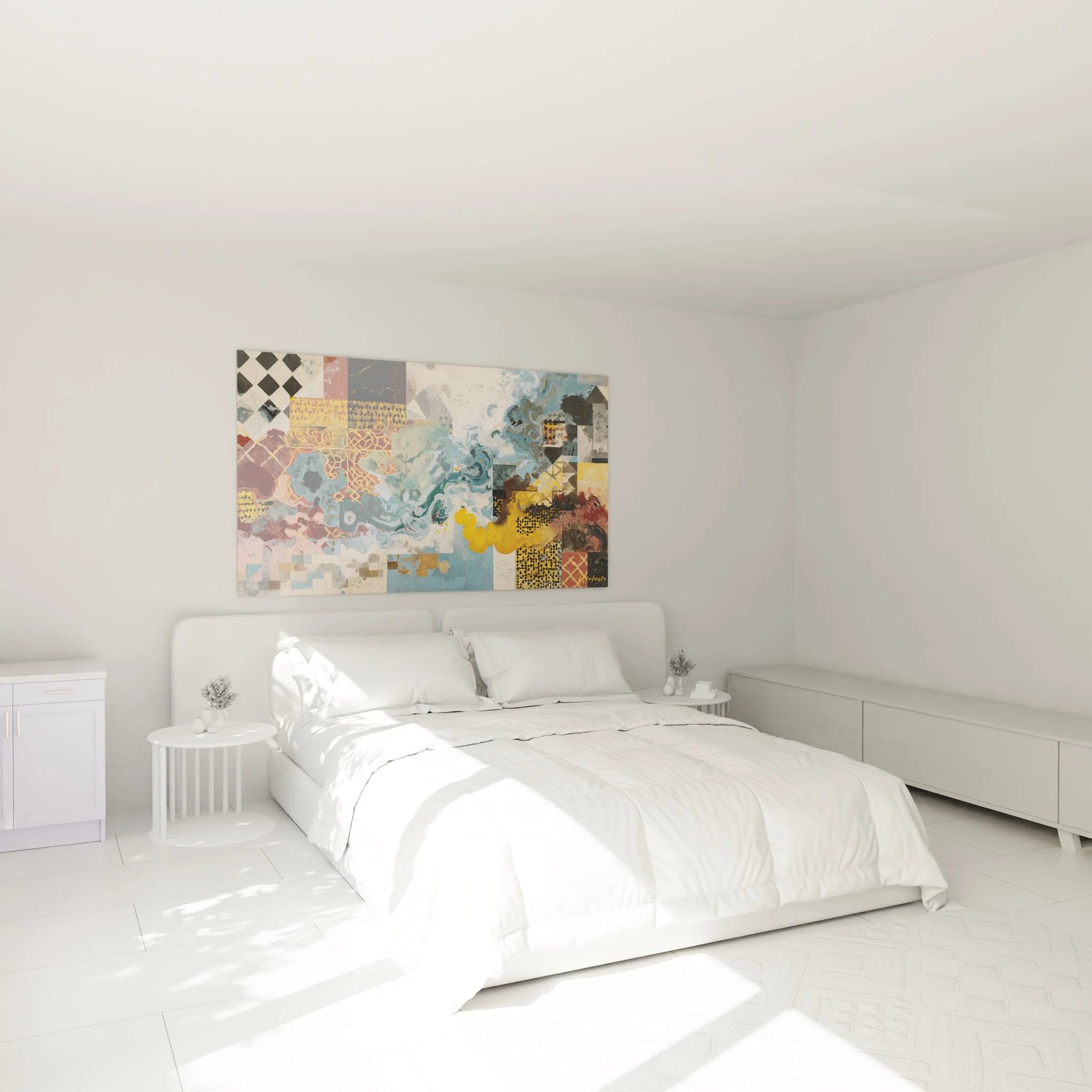 Abstrakte Wandkunst mit geometrischen Formen als Schlafzimmer Dekoration in modernem Ambiente