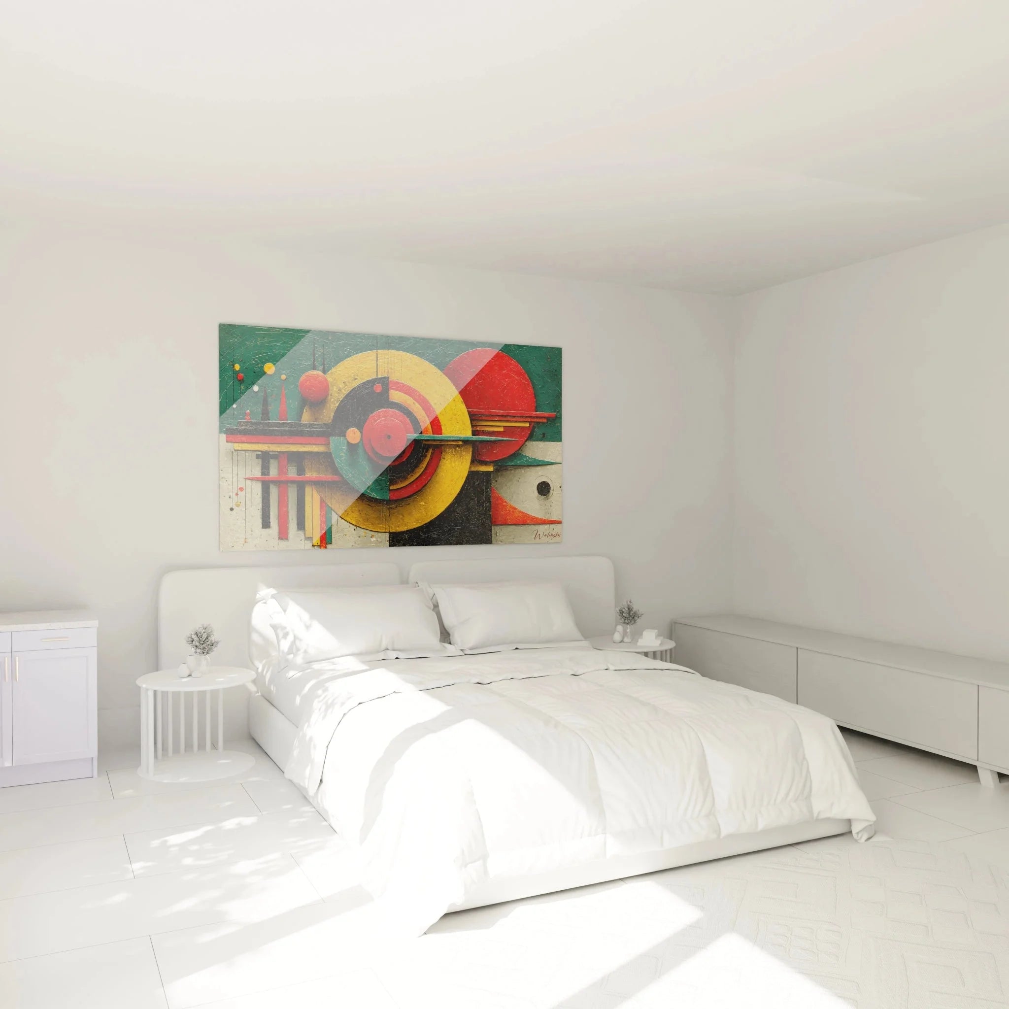 Abstrakte Bauhaus Wandkunst im Schlafzimmer mit geometrischen Kreisen und modernen Farben