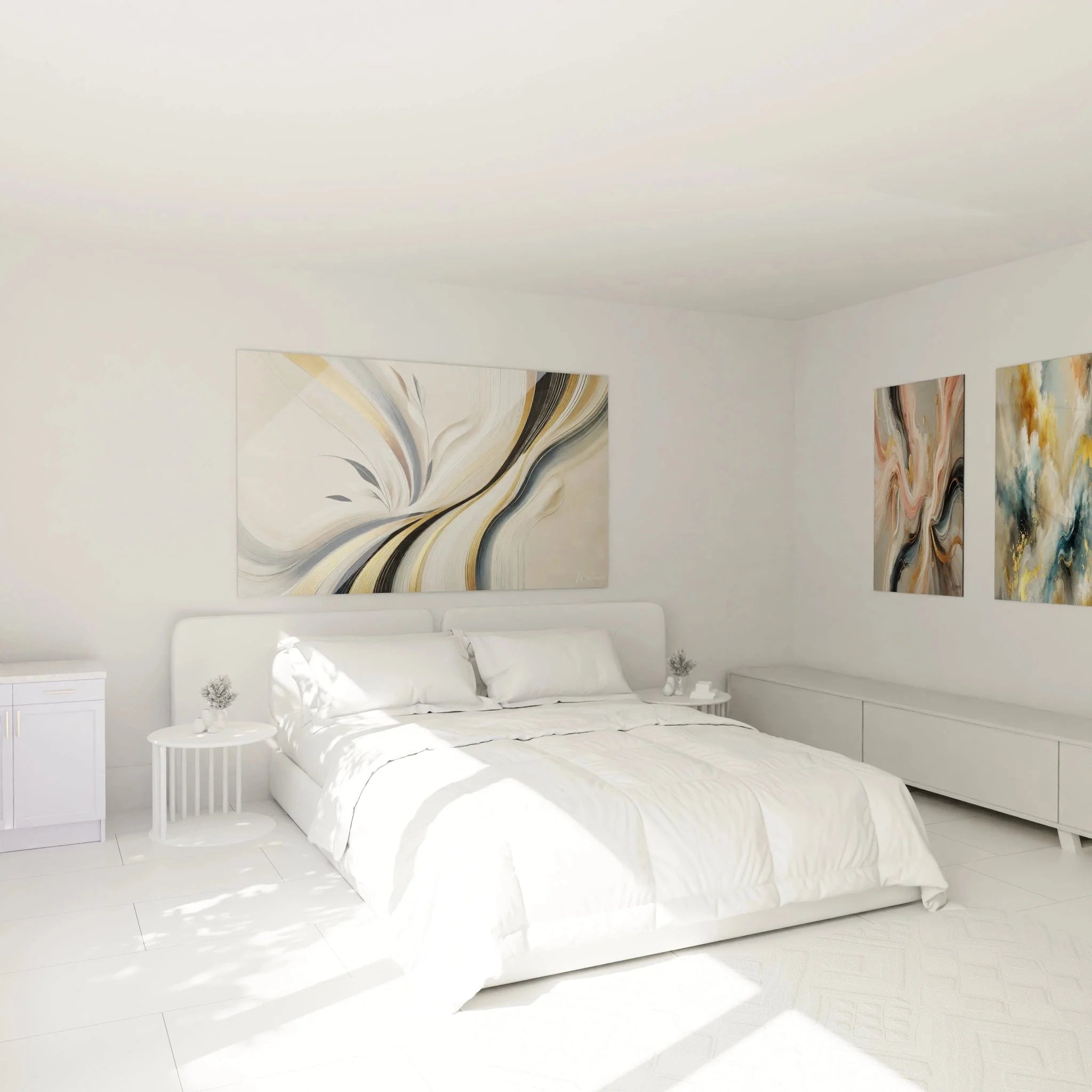 Abstrakte Wandkunst mit fließenden Bewegungen in Schlafzimmer Ambiente - Wandbild Acryl-Optik Beige Gold