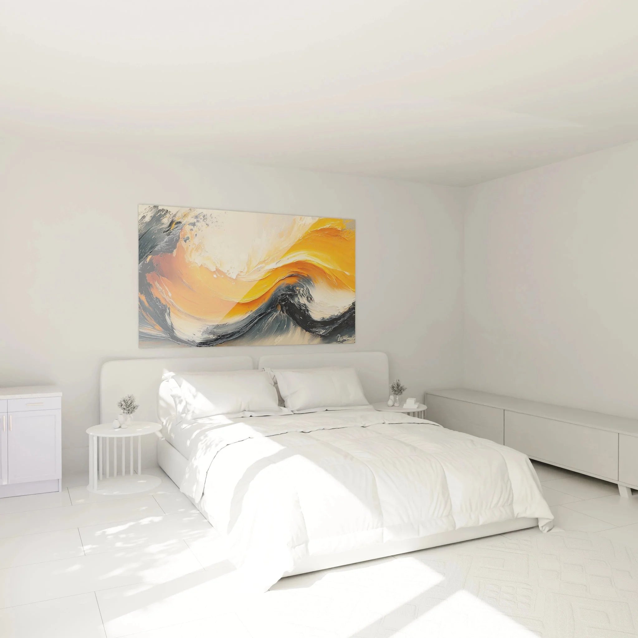 Abstrakte Welle Wandbild in Schlafzimmer - moderne Malerei-Optik Orange Grau Dekoration