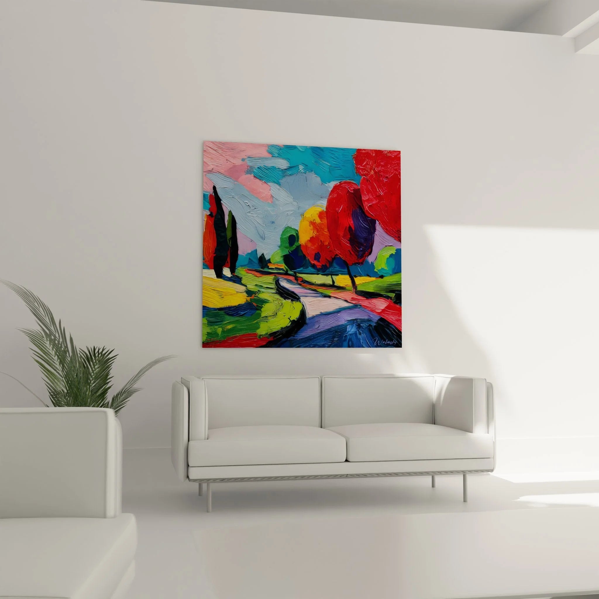 Detailansicht abstraktes Wandbild Natur mit leuchtenden Rot- und Grüntönen expressiver Malstil