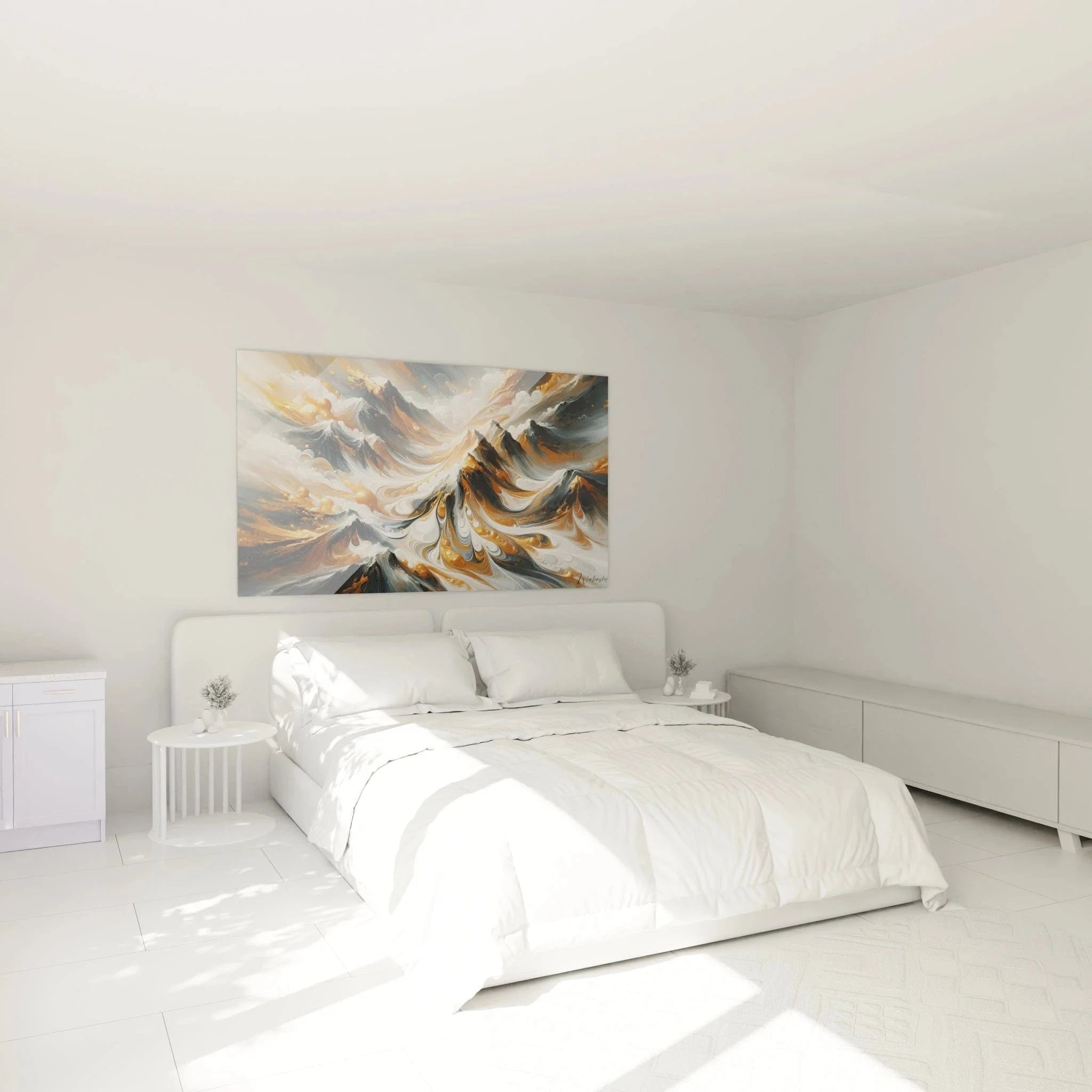 Abstraktes Wandbild mit goldenen Akzenten im Schlafzimmer - elegante Wanddekoration