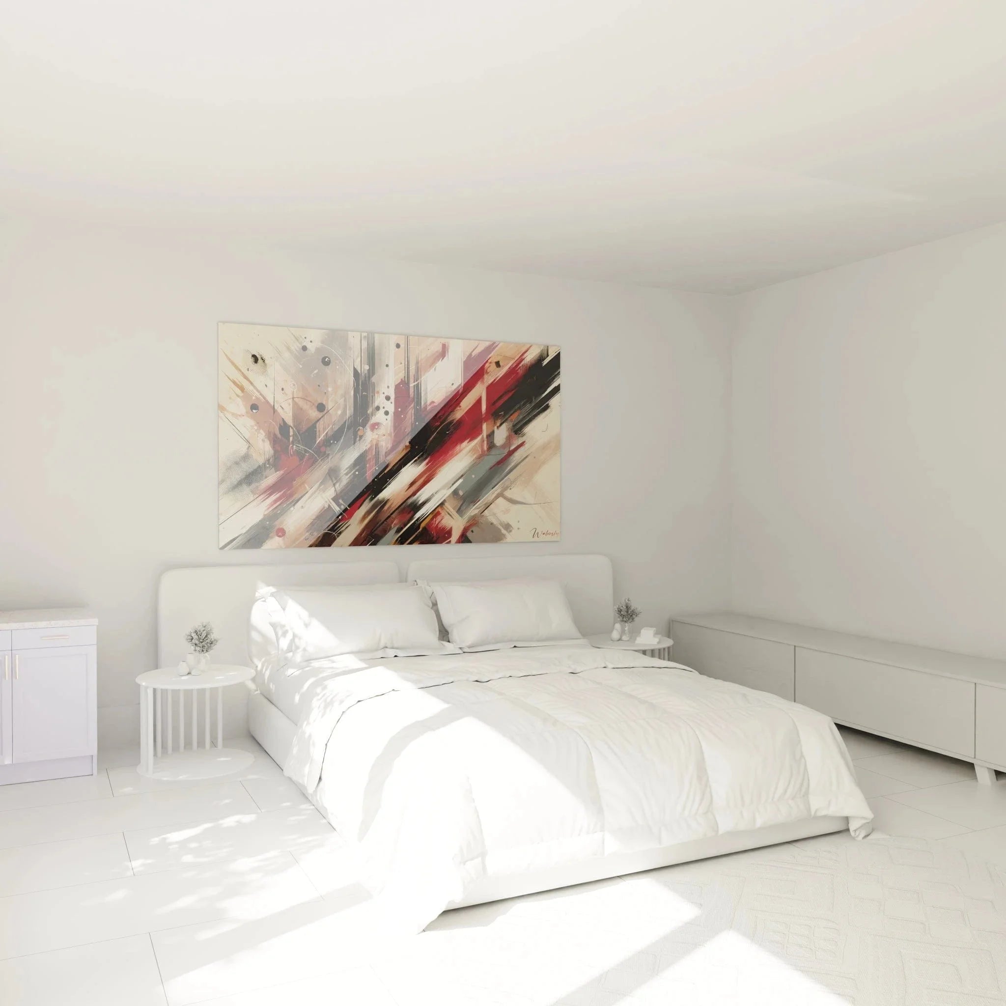 Abstraktes Wandbild XXL in Schlafzimmer Ambiente mit roter schwarzer Farbgestaltung moderne Kunst