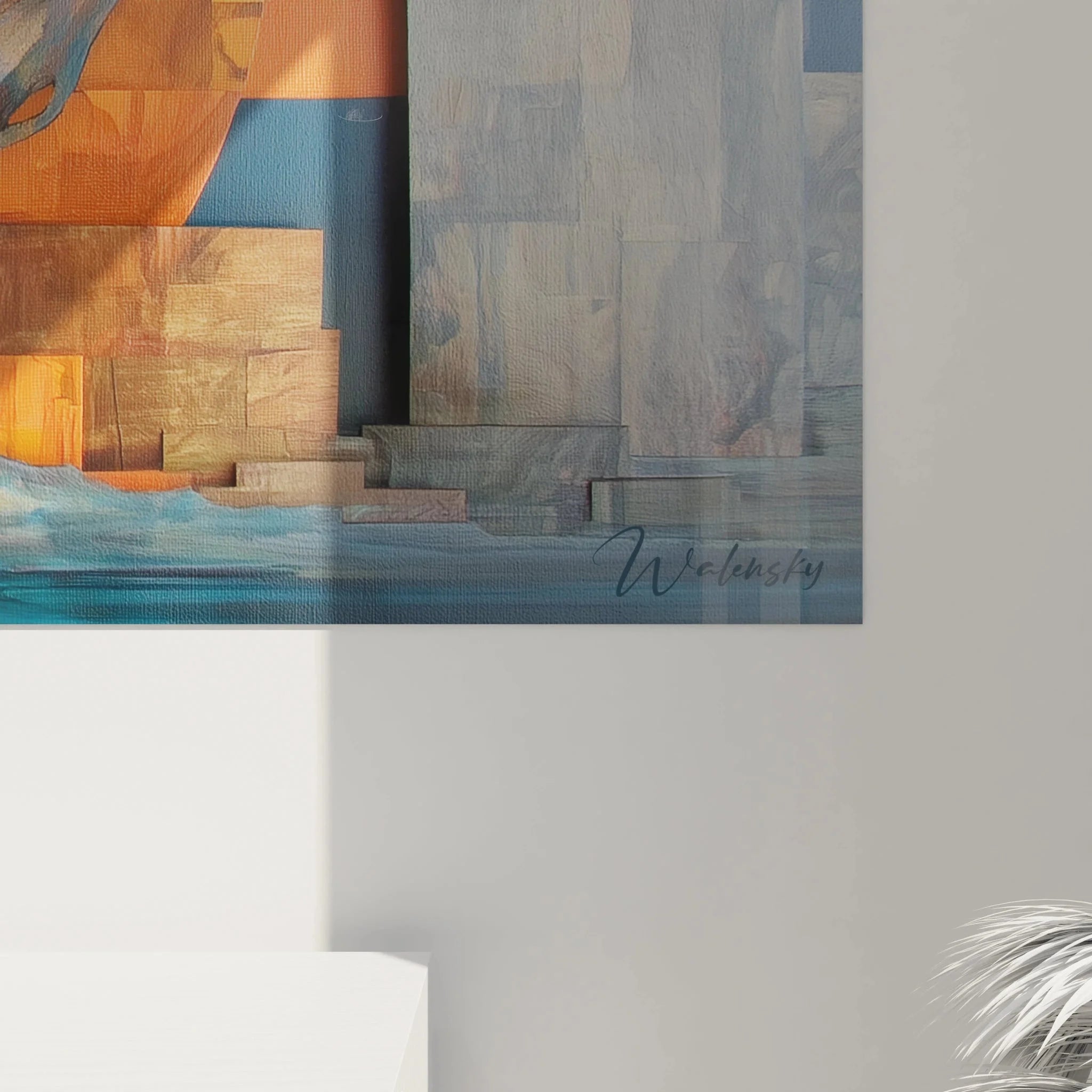 Gesamtansicht modernes Wandbild afrikanische Landschaft mit Baobab Baum und geometrischen Elementen für Wohnraumdeko