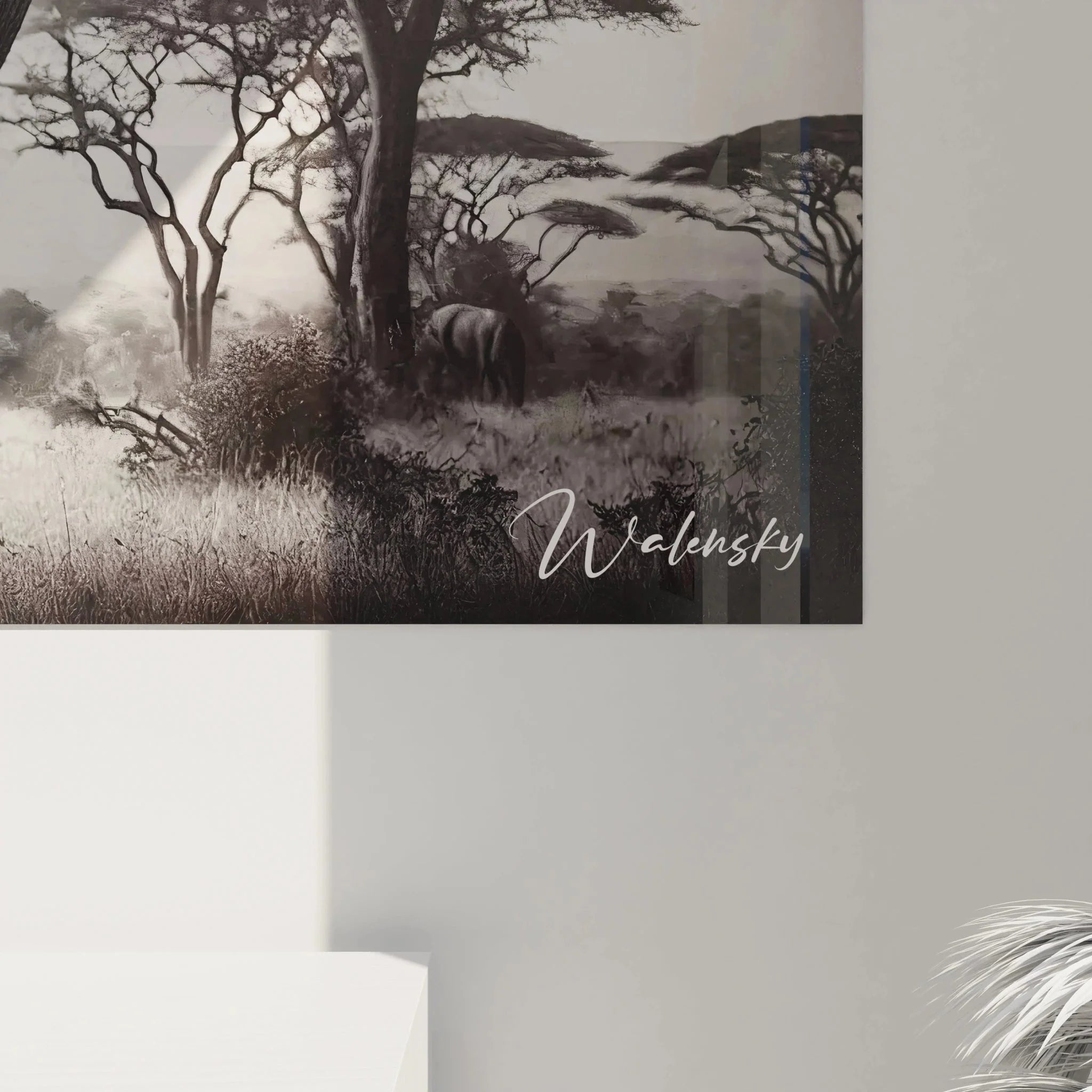 Gesamtansicht Afrika Wandbild Elefant schwarz-weiß in natürlicher Savannenlandschaft