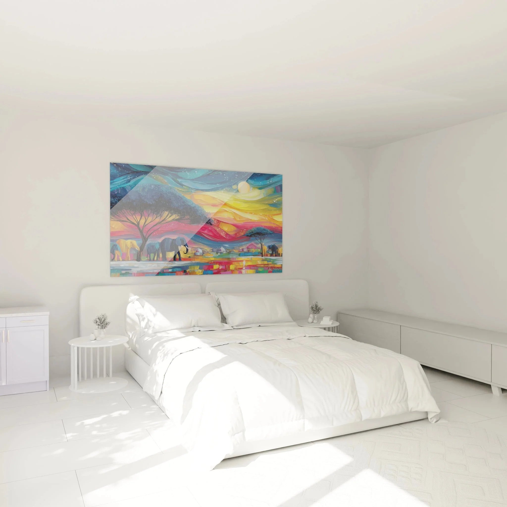 Afrika Wandbild Elefanten Savanne Schlafzimmer Ambiente warme Farben Sonnenuntergang Dekoration