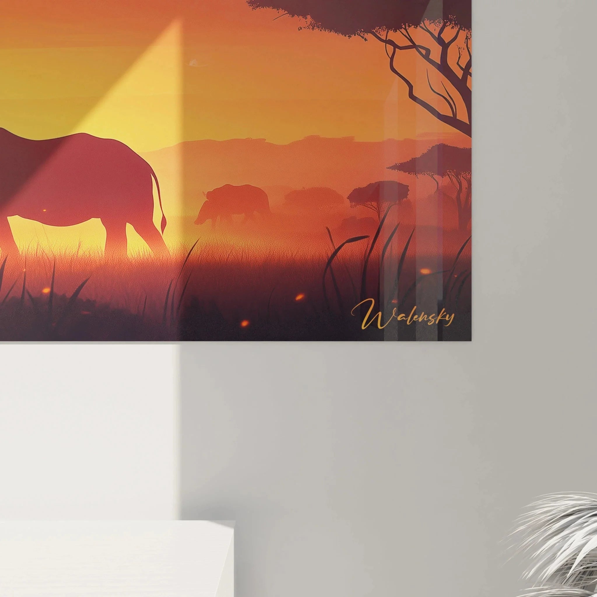 Wandbild Afrika Nashorn Gesamtansicht mit Rahmen und Sonnenuntergang Panorama der Savanne