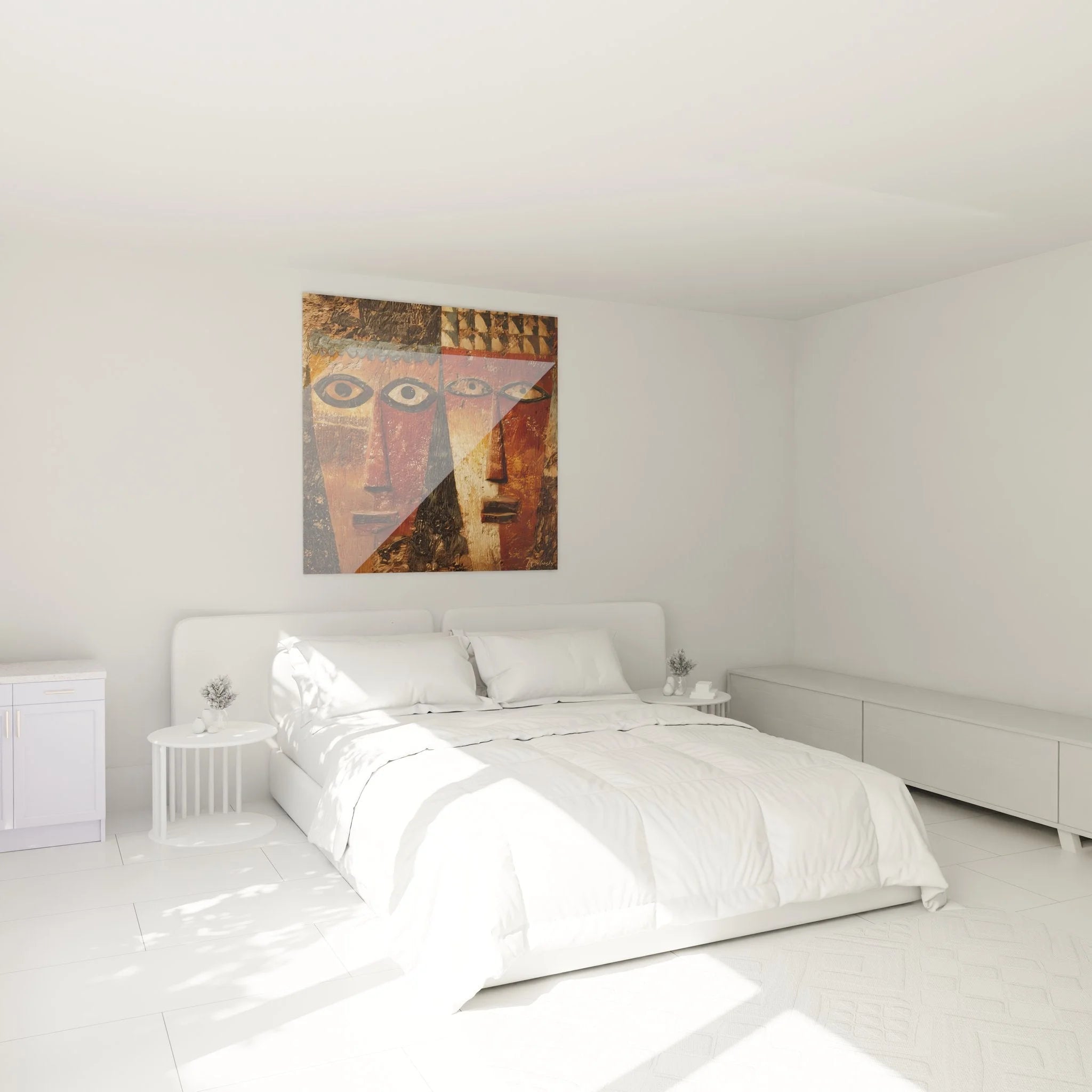 Afrikanische Masken Wandbild als Wanddekoration im modernen Schlafzimmer mit warmen Farbtönen