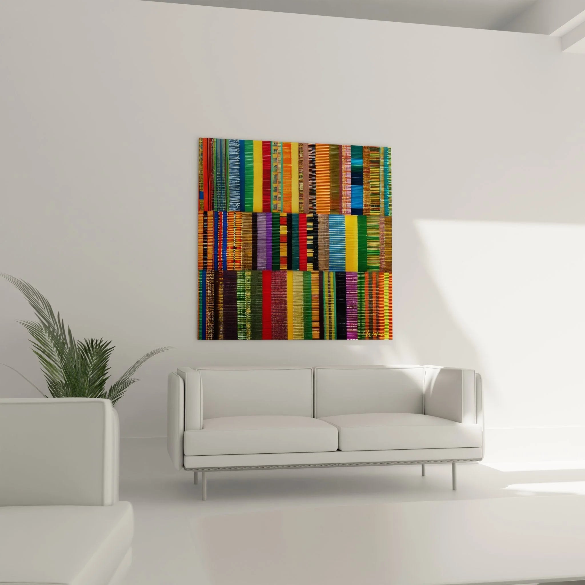 Detailansicht der afrikanischen Kente-Textilstreifen mit geometrischen Mustern und Farbverläufen