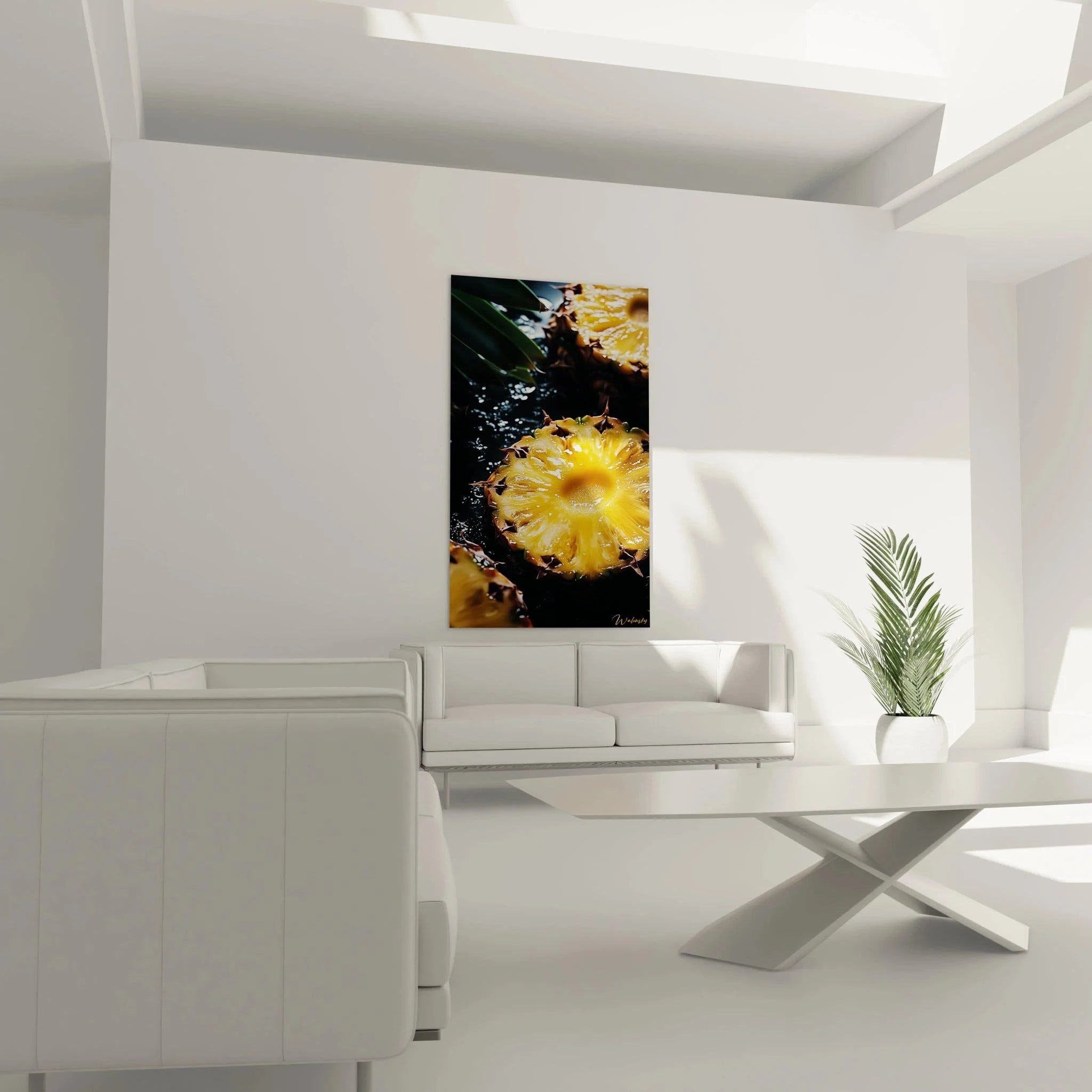 Detailaufnahme Ananas Wandbild - goldgelbe Fruchtstruktur mit glitzernden Wassertropfen