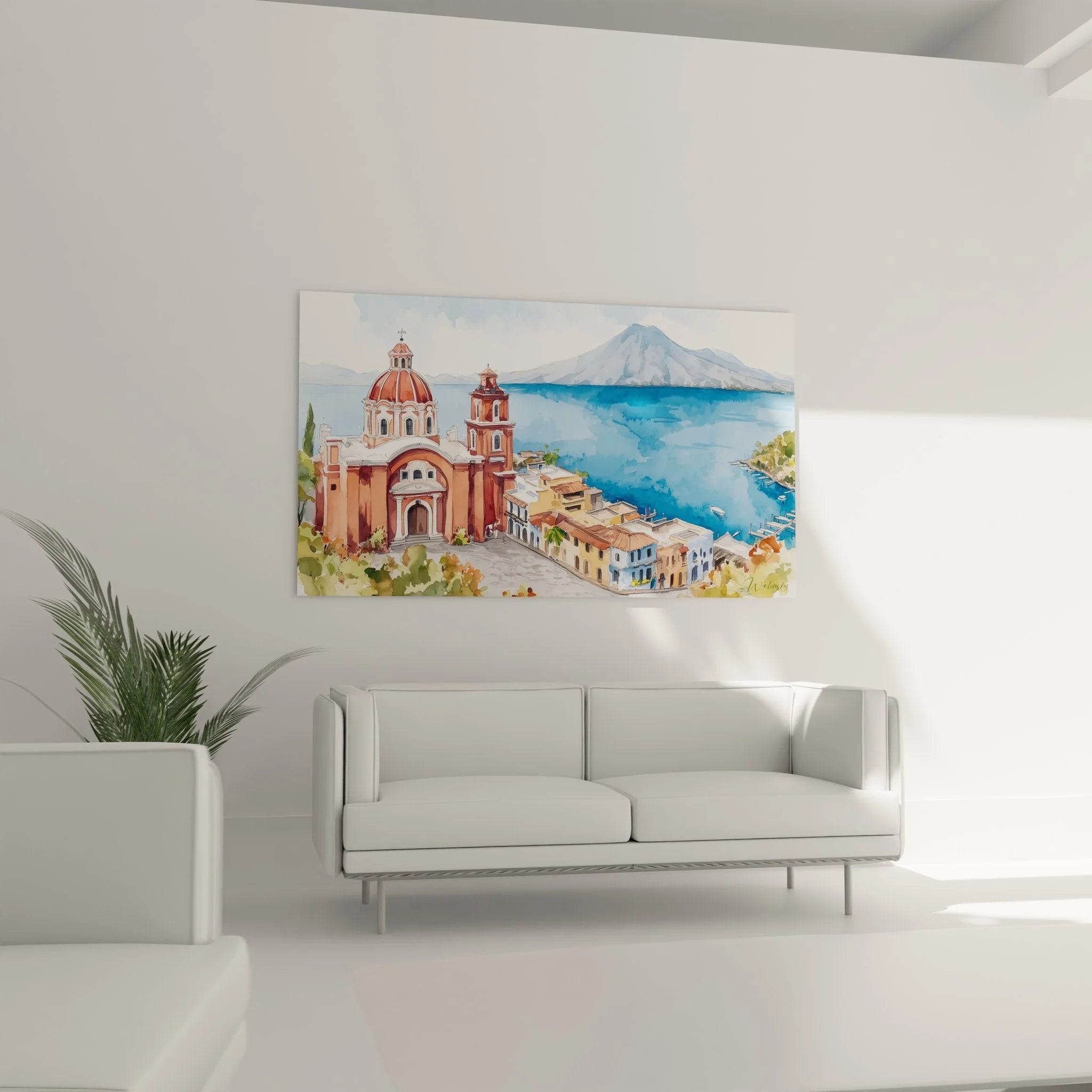 Detailansicht Aquarell Wandbild italienische Kirche am See mit Bergen