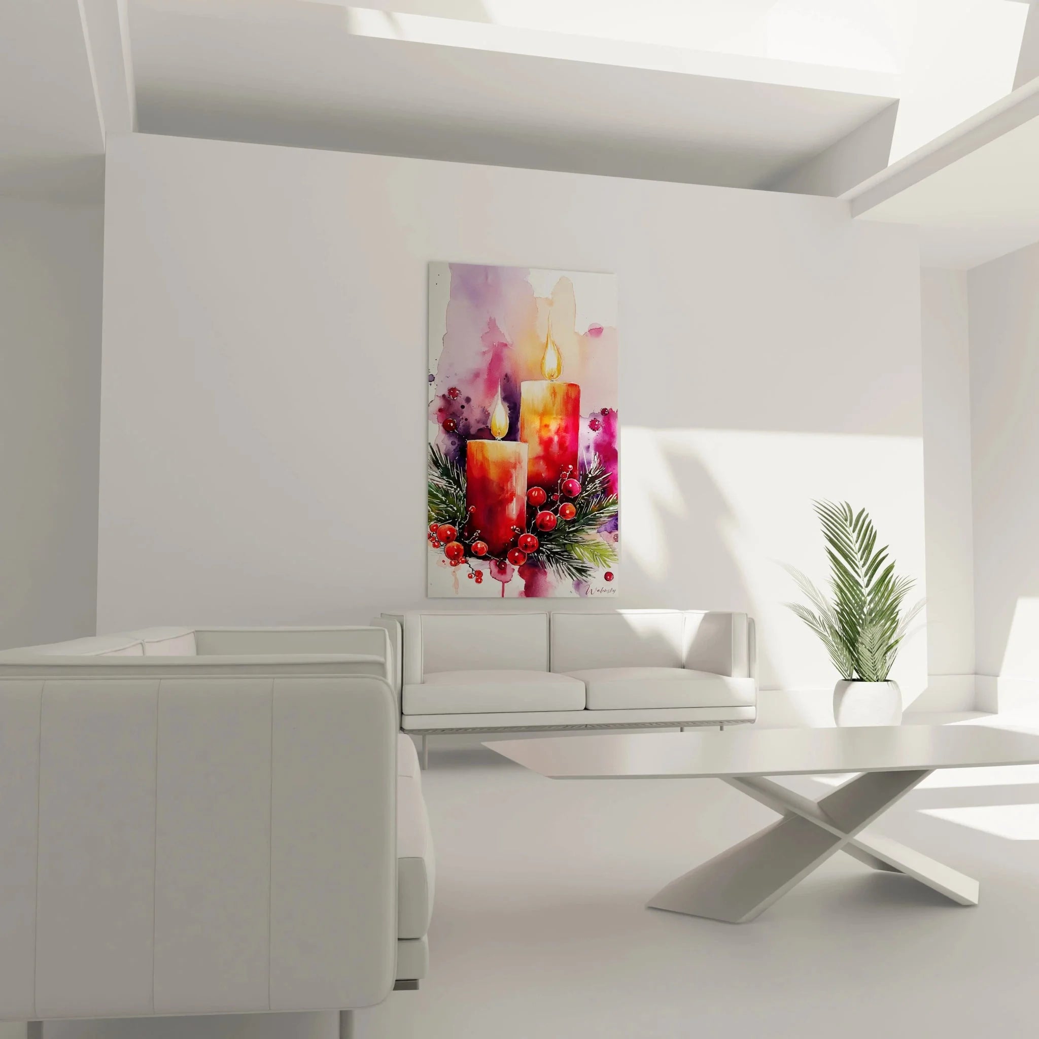 Detailansicht Aquarell Weihnachtskerzen mit goldenen Flammen und roten Christbaumkugeln