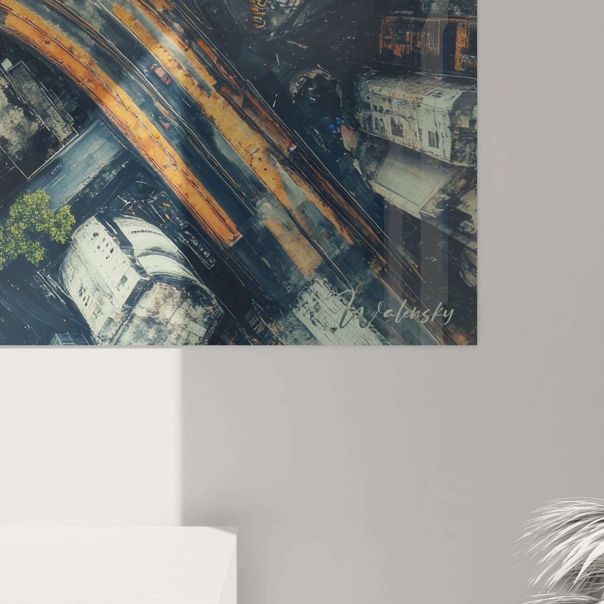 Gesamtansicht Architektur Wandbild mit Autobahnkreuz-Motiv in urbaner Raumgestaltung als Blickfang