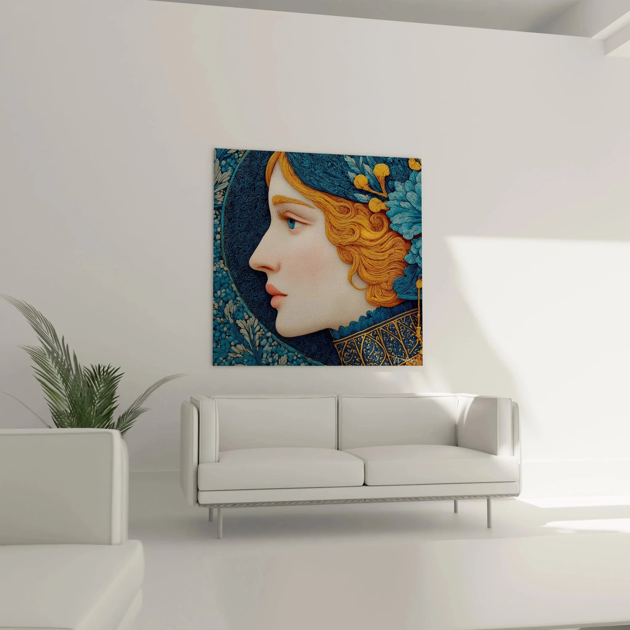 Detailansicht Wandbild Art Nouveau Frau mit kunstvoll gestaltetem goldenem Haar und floralen Elementen