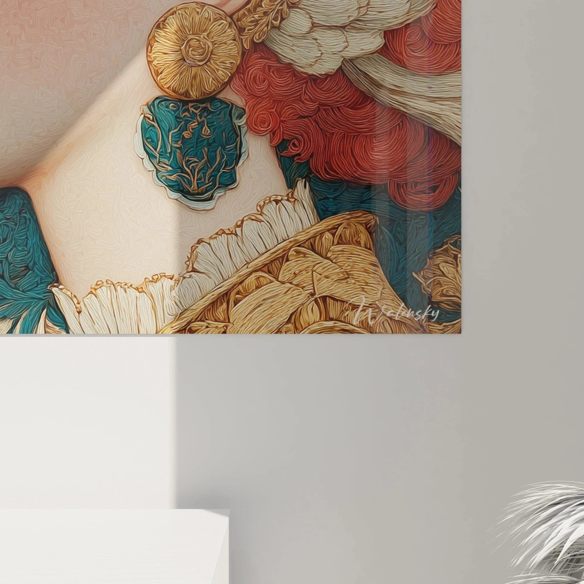 Gesamtansicht Art Nouveau Wandbild mit Jugendstil Frau in türkisblauer ornamentaler Umgebung