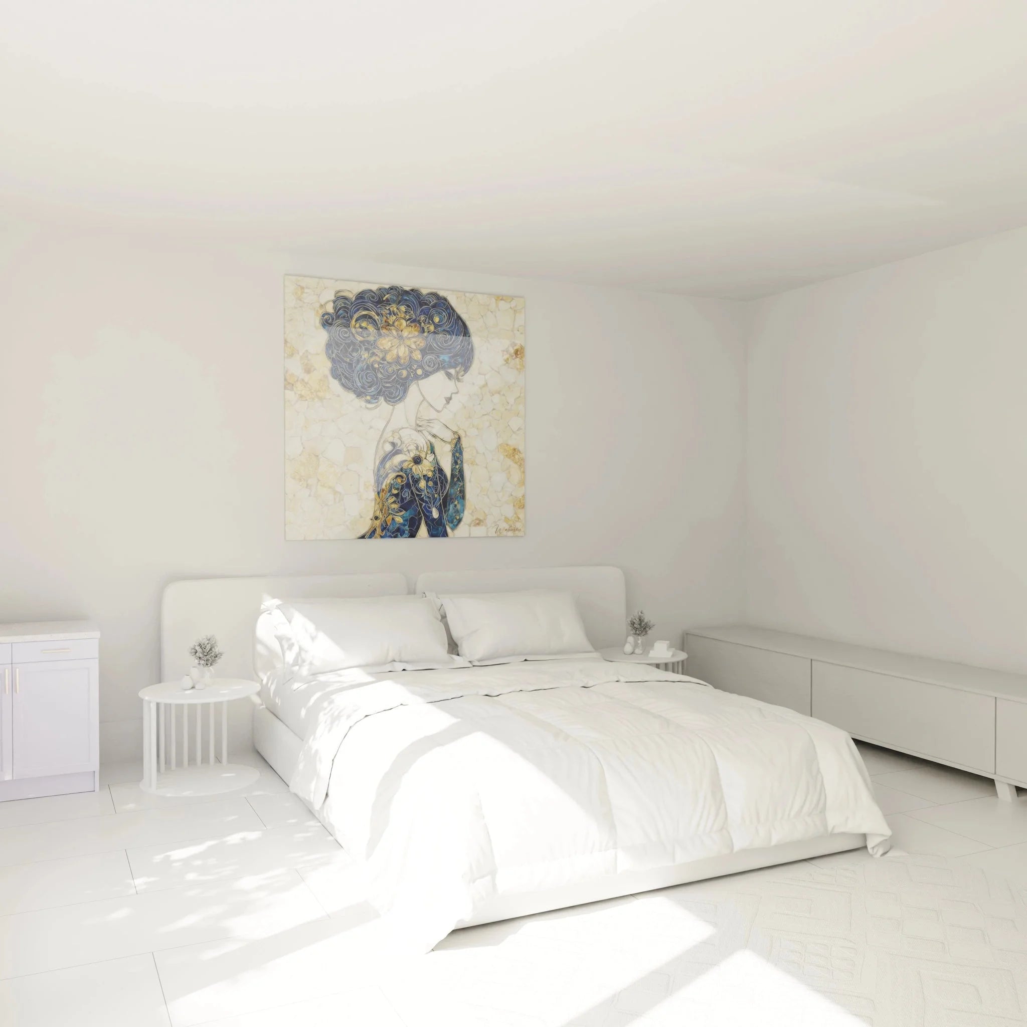 Art Nouveau Wandbild mit eleganter Frau in Schlafzimmer-Ambiente, blaue ornamentale Haarpracht