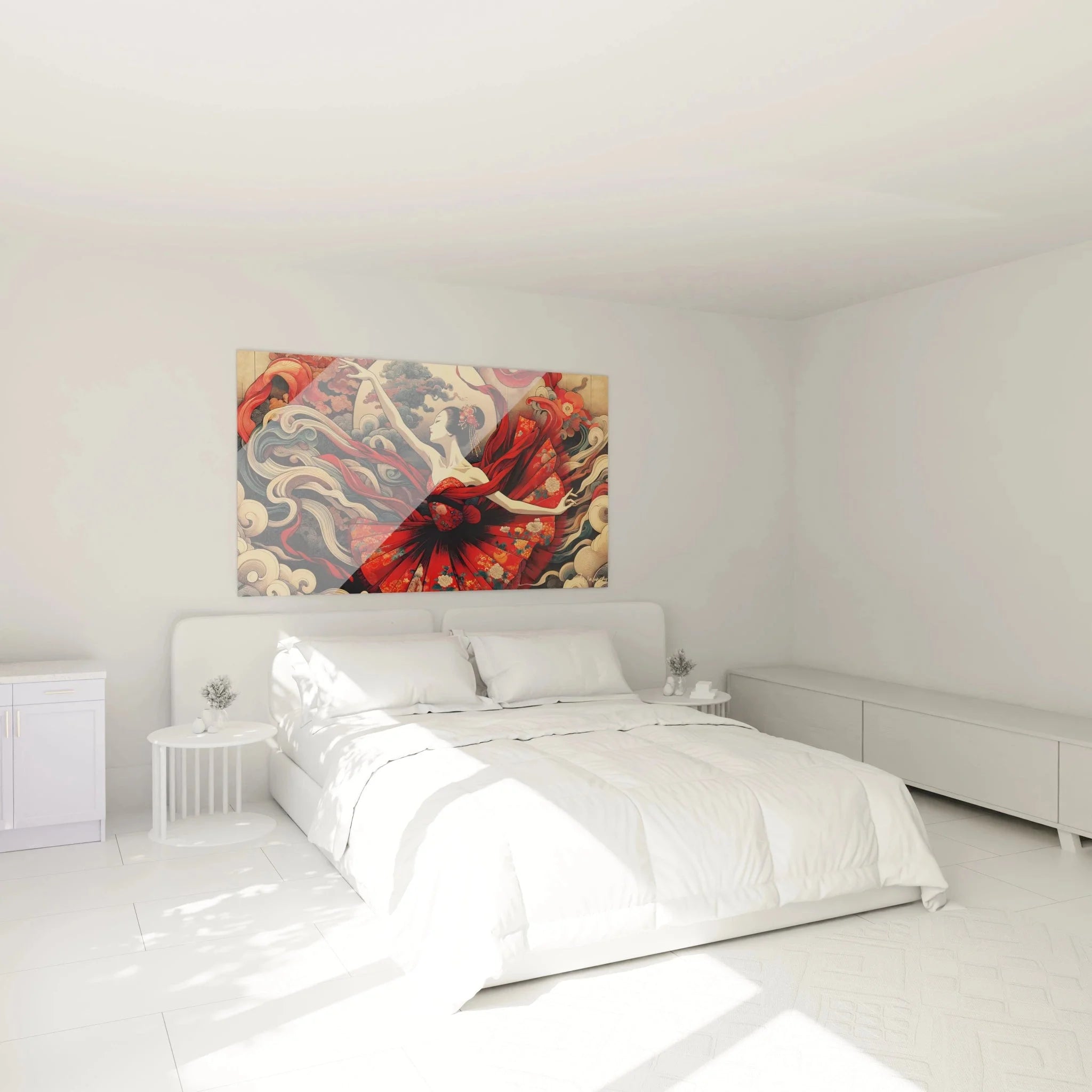 Asiatisches Wandbild Geisha in Schlafzimmer Ambiente, japanische Kunst Leinwand