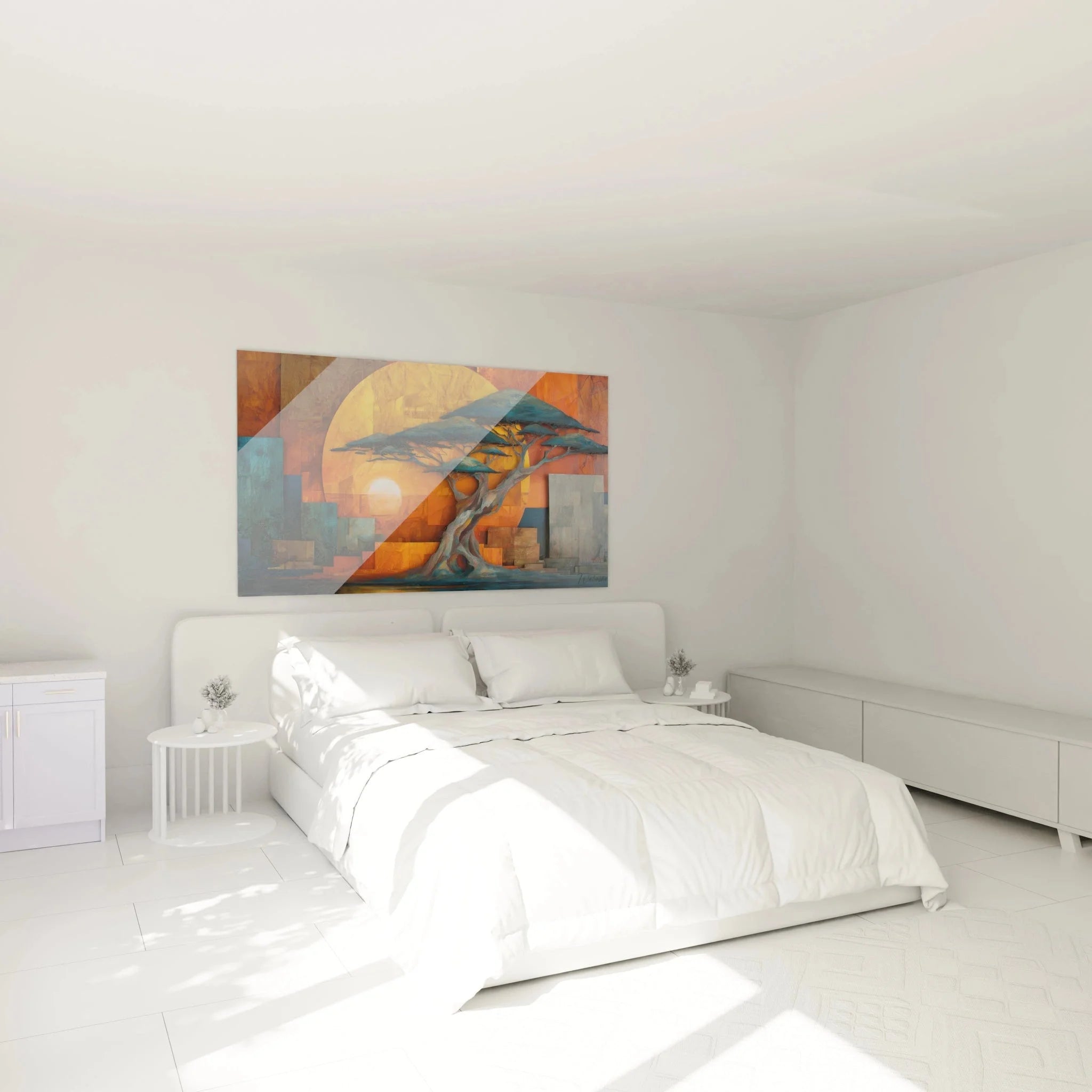 Geometrisches Wandbild Baobab Baum Sonnenuntergang als moderne Schlafzimmer Dekoration mit afrikanischen Motiven