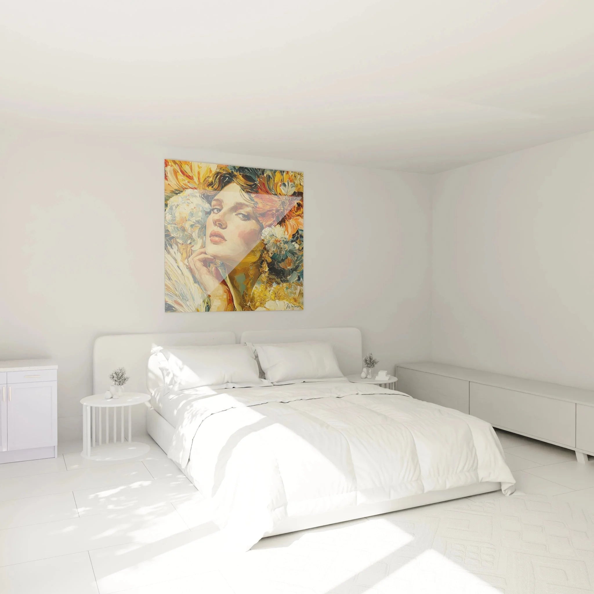 Barocke Wanddekoration Frau Blumen im Schlafzimmer - stilvolle Raumgestaltung mit elegantem Wandbild