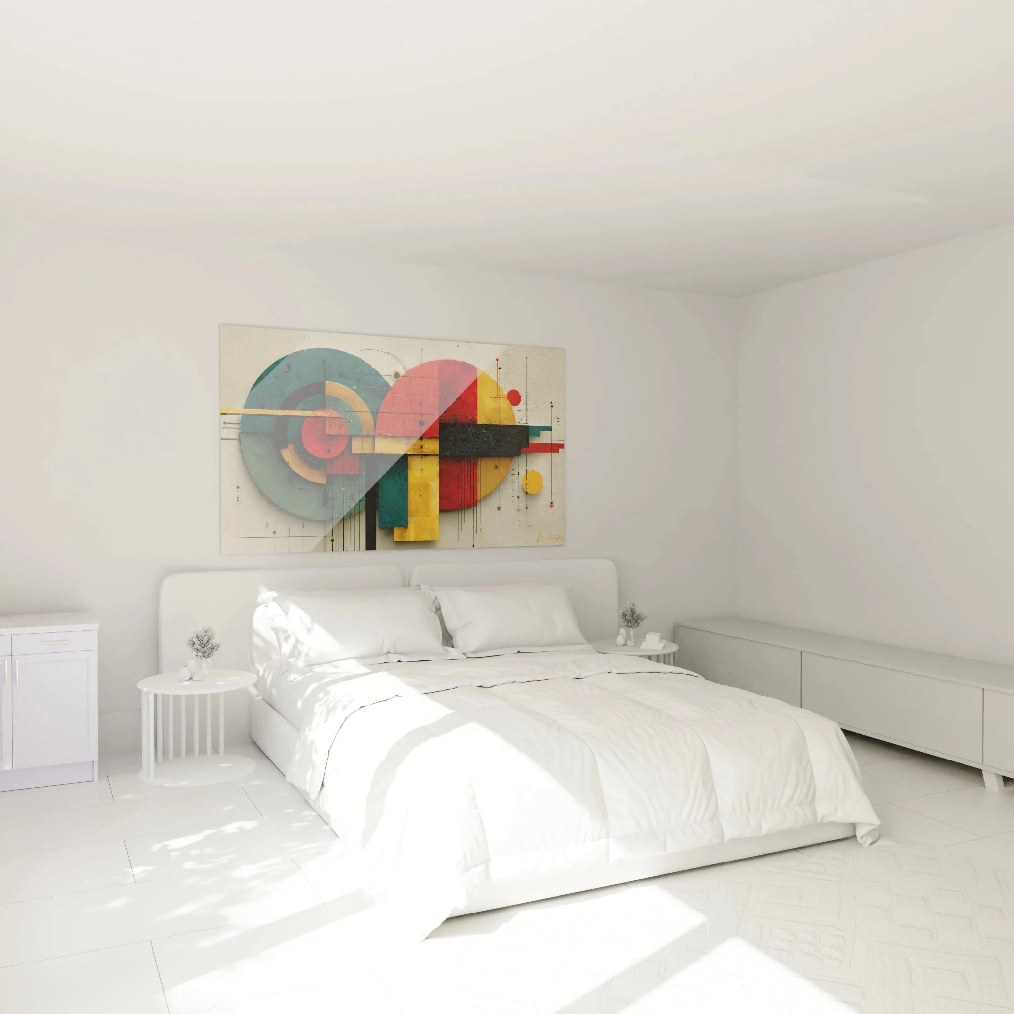 Bauhaus Wandbild geometrische Abstraktion als Dekoration im modernen Schlafzimmer an weißer Wand
