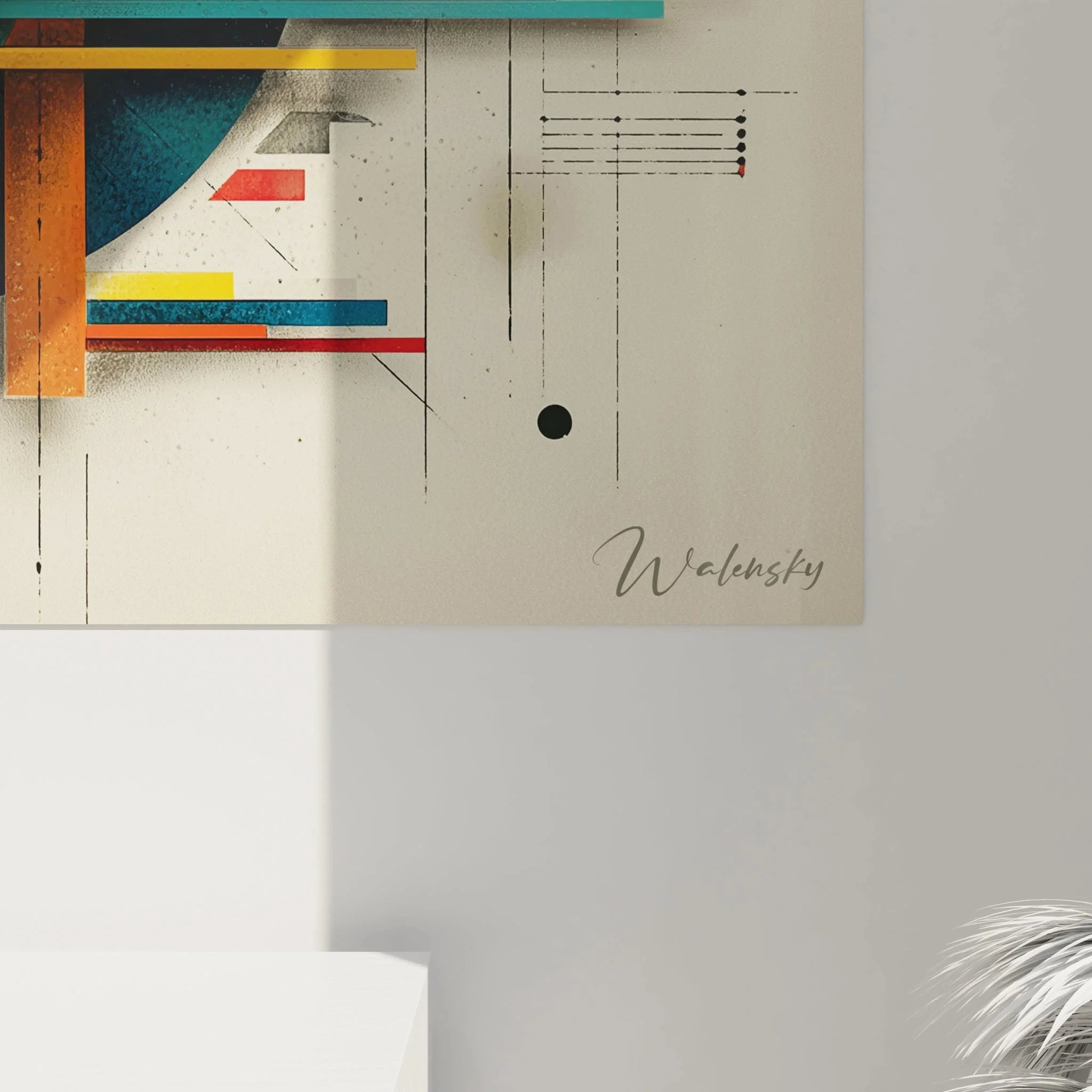Gesamtansicht Wandbild geometrische Bauhaus Komposition mit dynamischen Formen und Strukturen