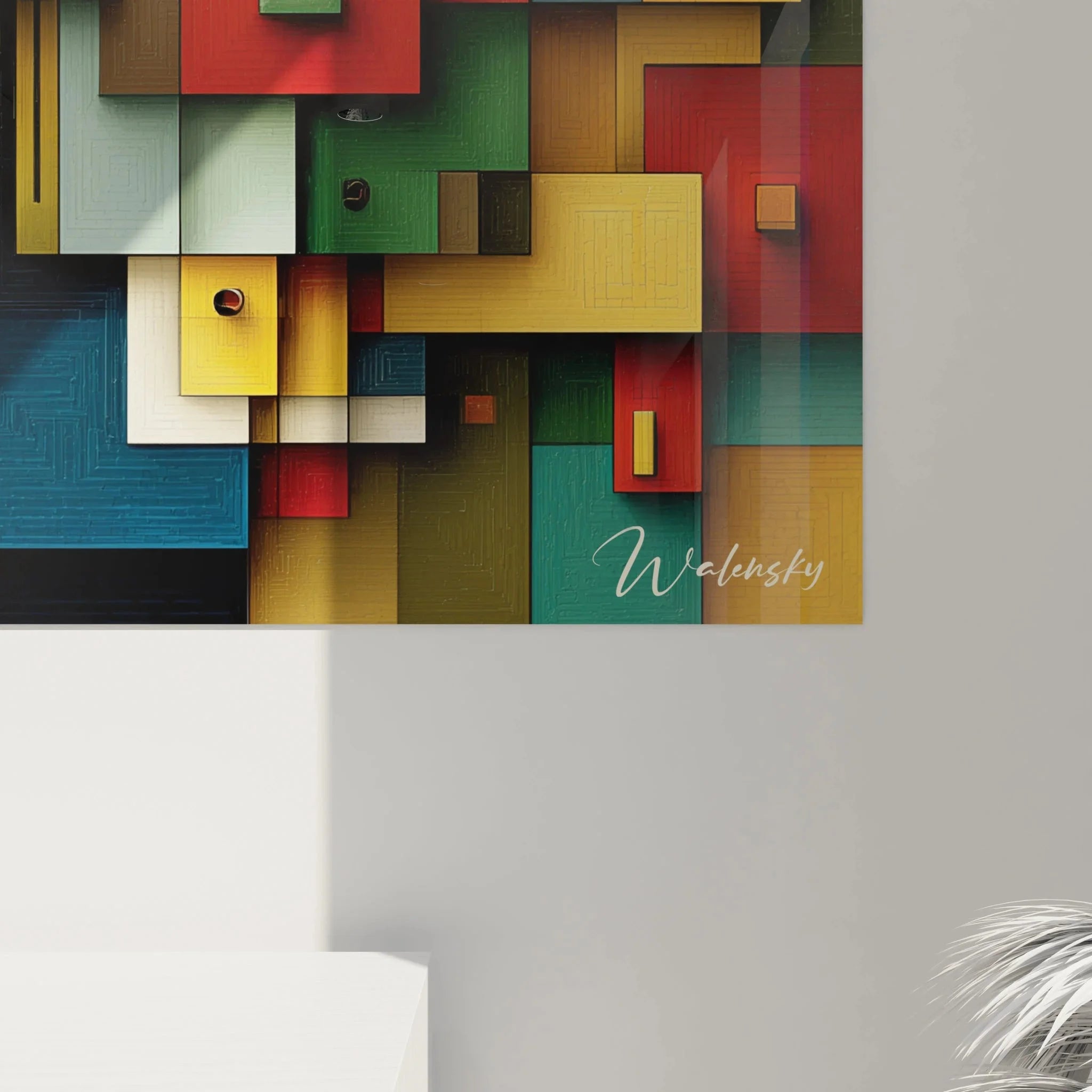 Gesamtansicht der konstruktivistischen Wandkunst mit geometrischen Formen in Bauhaus-Tradition