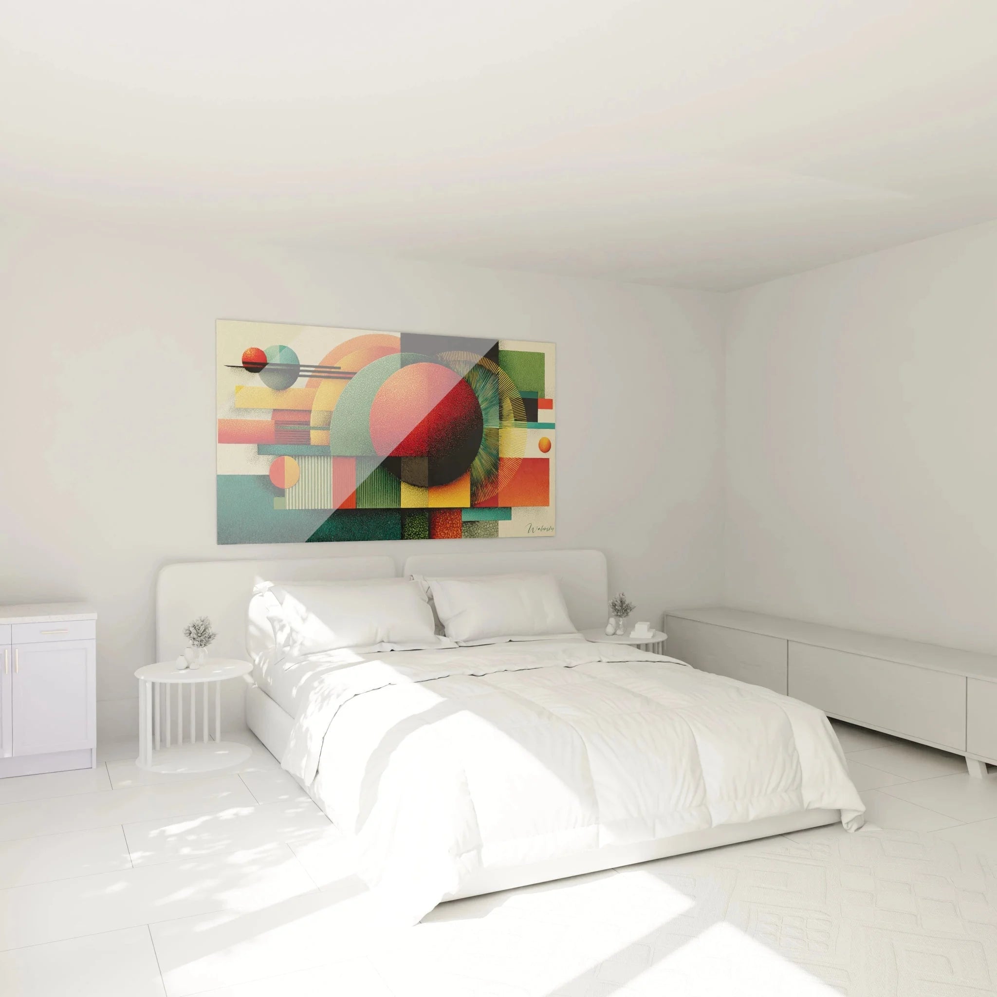 Geometrisches Bauhaus Wandbild mit roten Kreisen in modernem Schlafzimmer
