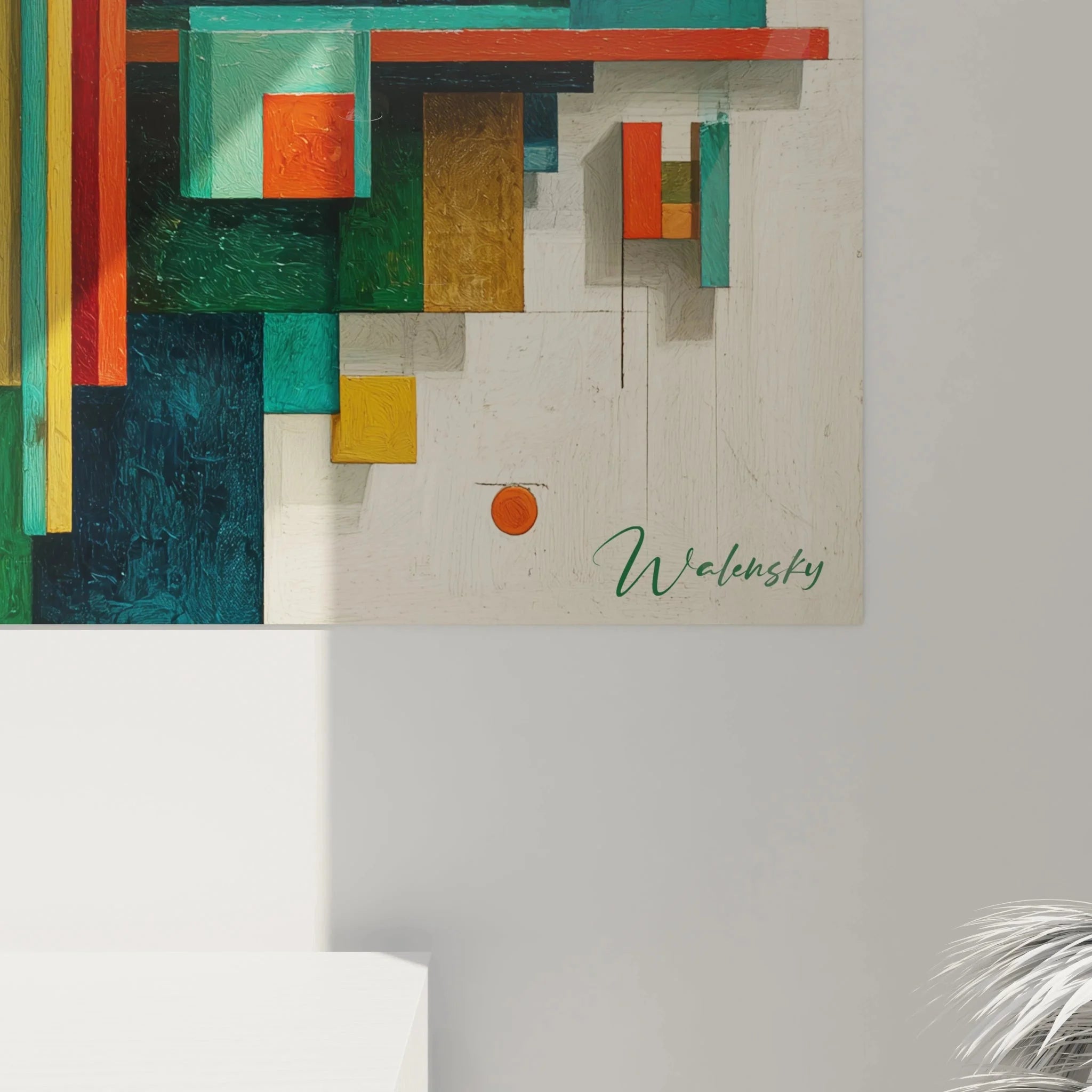 Gesamtansicht abstraktes Bauhaus Wandbild XXL mit komplexer geometrischer Komposition und Farbharmonie