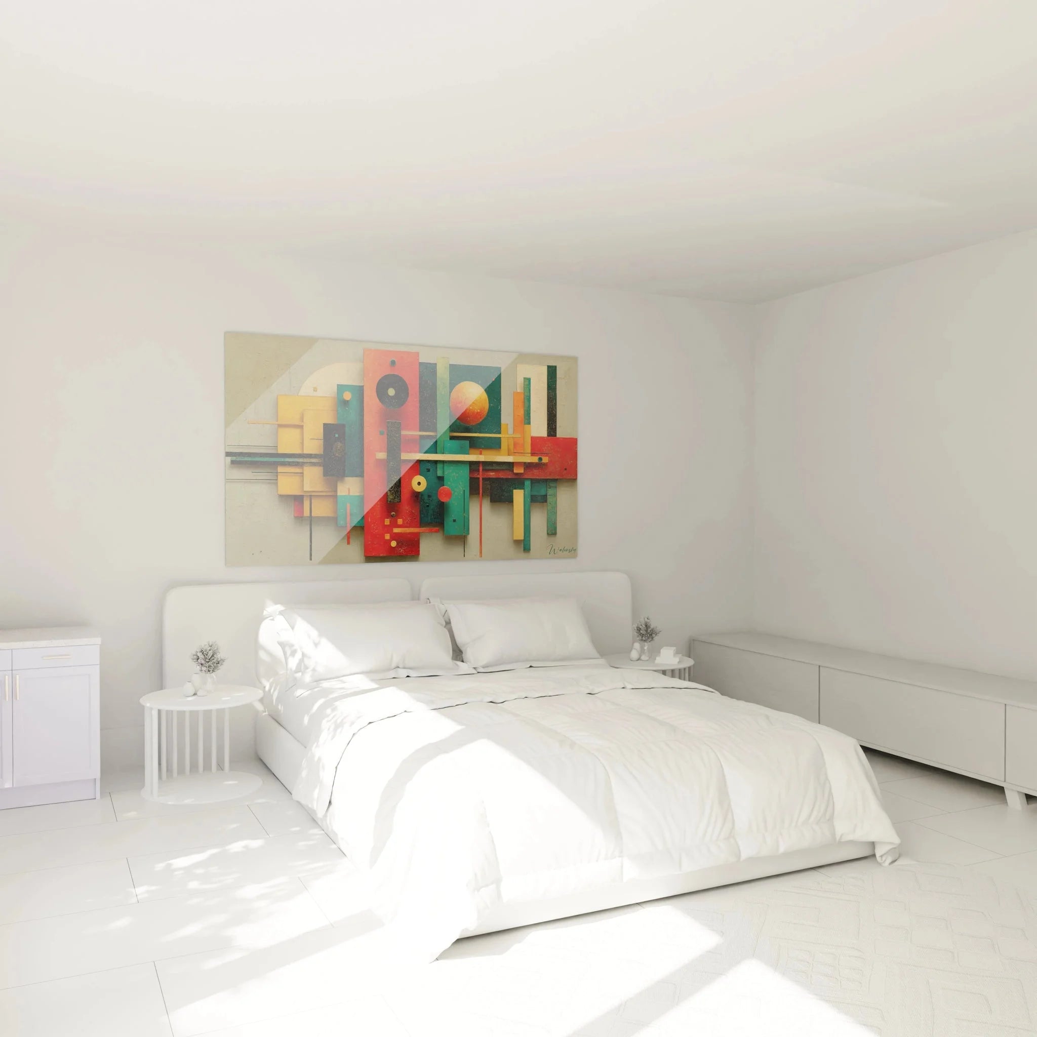 Abstrakte Bauhaus Wandkunst in Schlafzimmer Ambiente mit geometrischen Formen