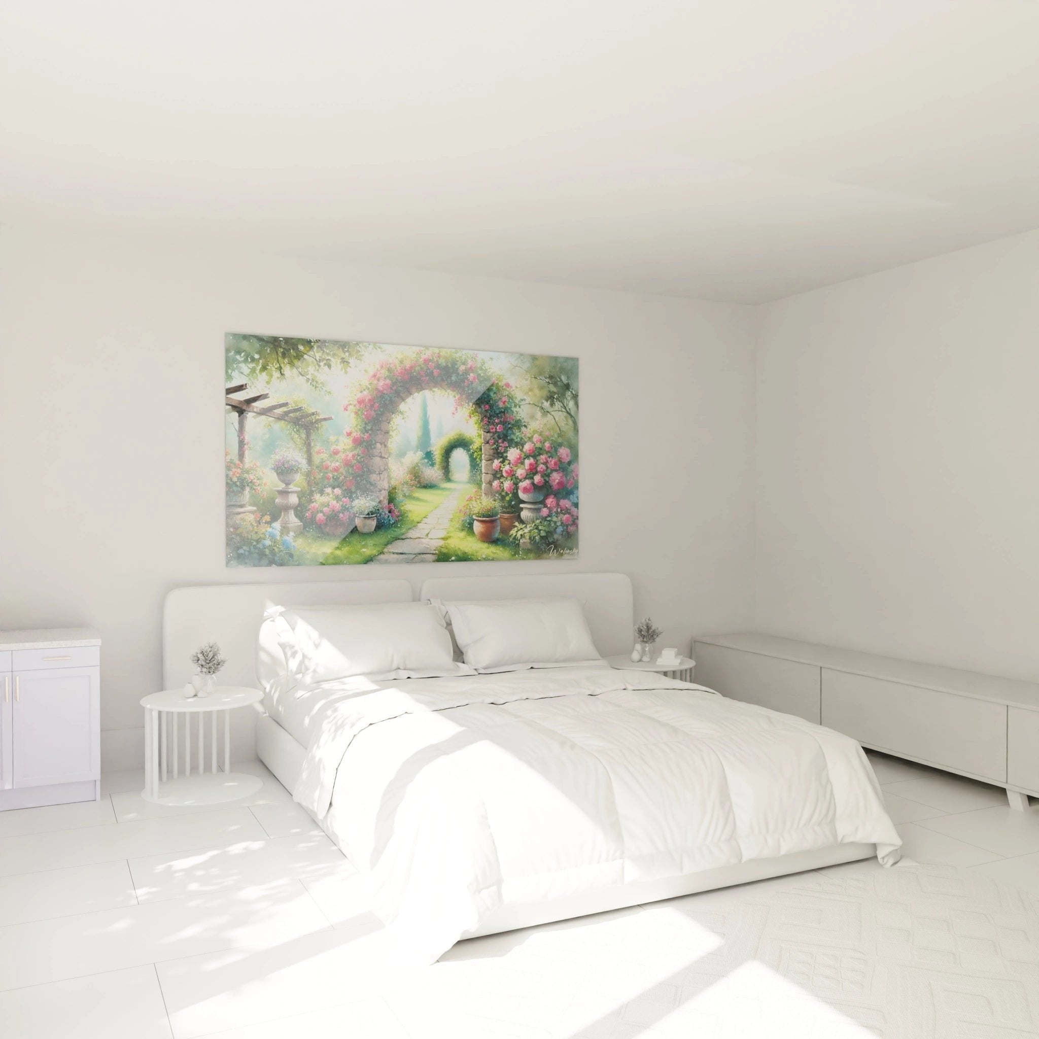 Schlafzimmer Ambiente mit Wandbild Rosengarten - romantische Wanddekoration über dem Bett