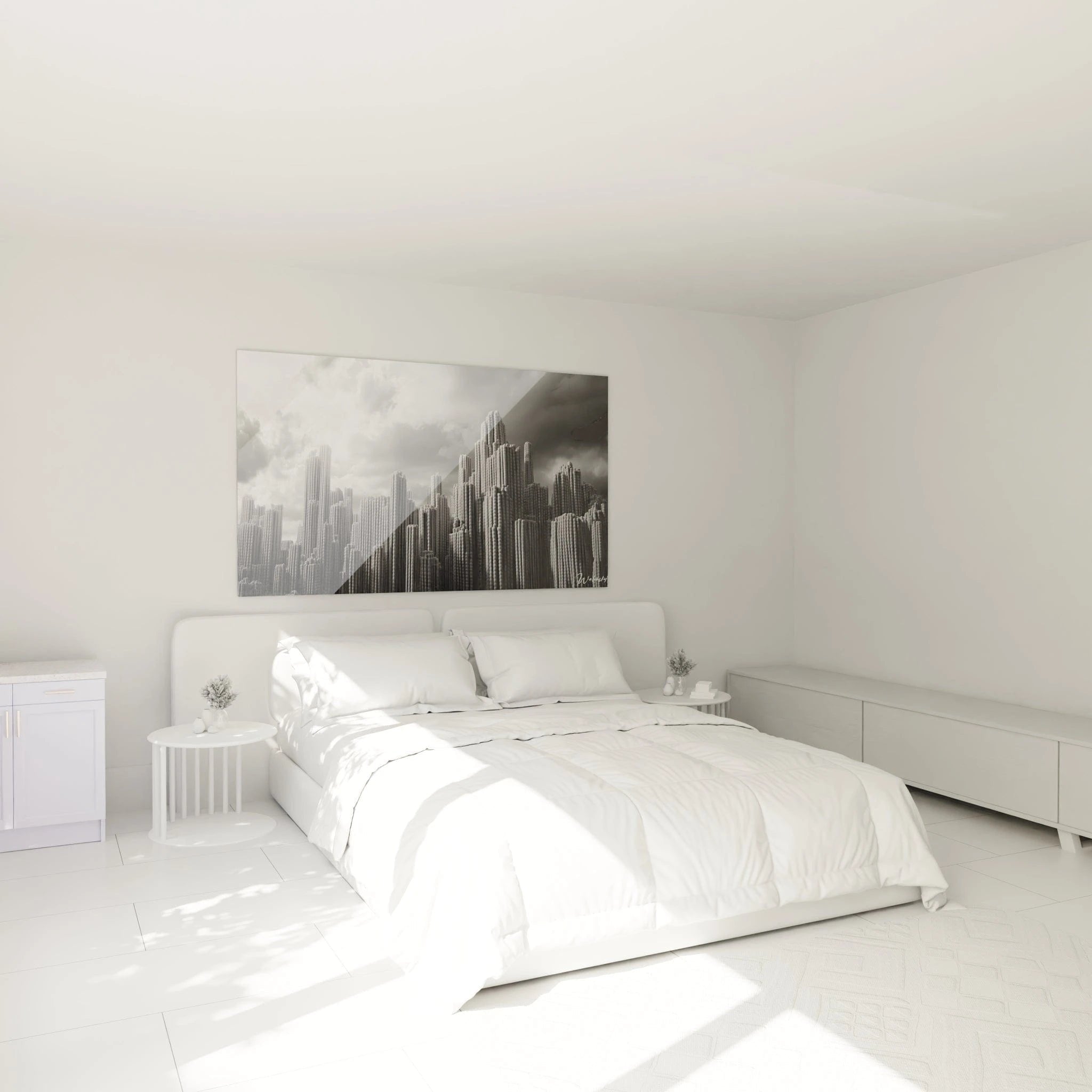 Kaktus Wandbild in modernem Schlafzimmer als stilvolle Wanddekoration in Schwarz-Weiß Optik