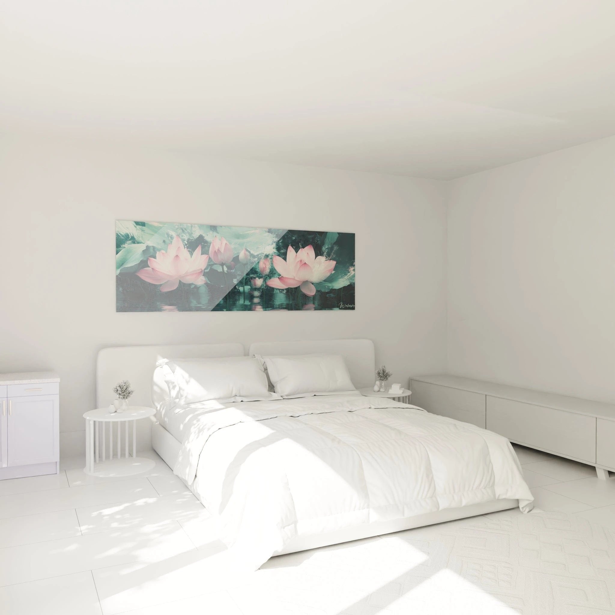 Rosa Lotusblüten Wandbild im Schlafzimmer schafft beruhigende und entspannende Atmosphäre über dem Bett