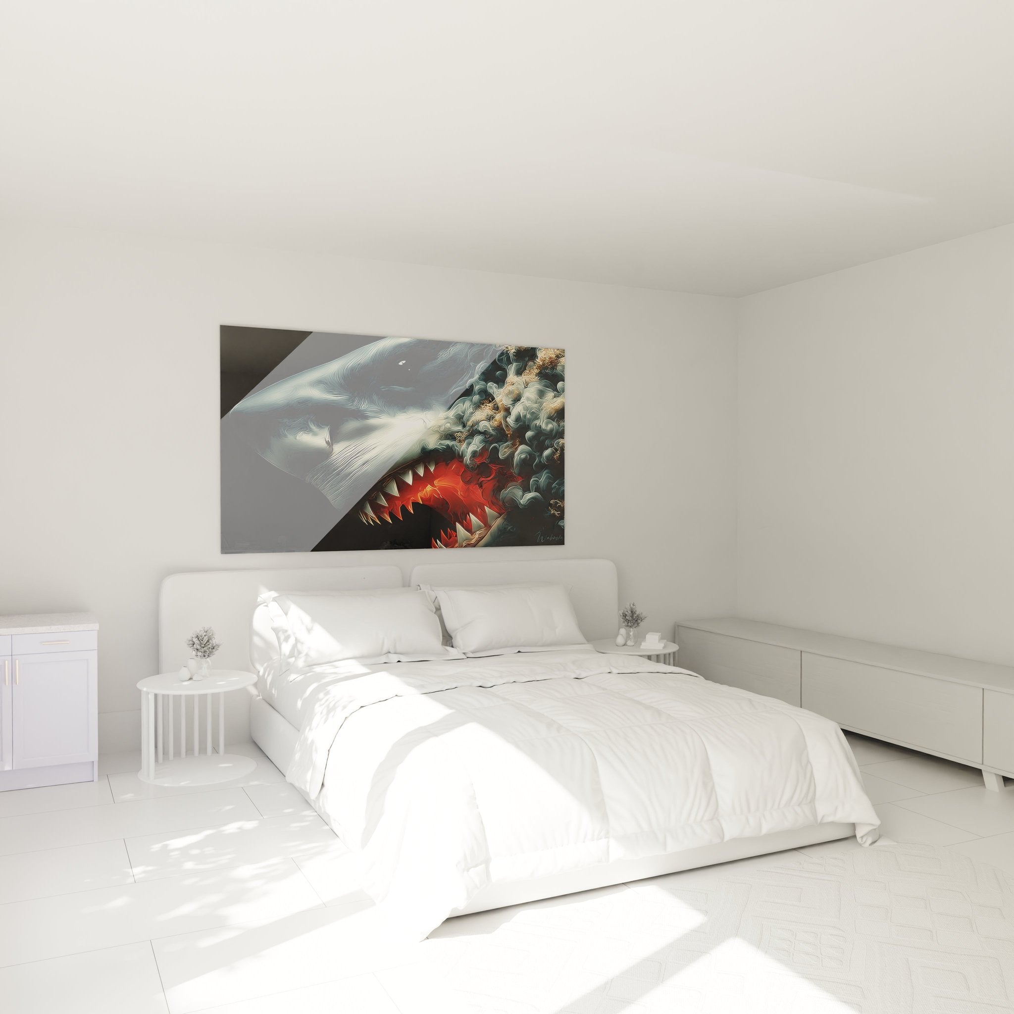Megalodon Wandbild im Schlafzimmer, dramatisches Hai-Motiv mit glühenden Zähnen als eindrucksvolle Wanddekoration