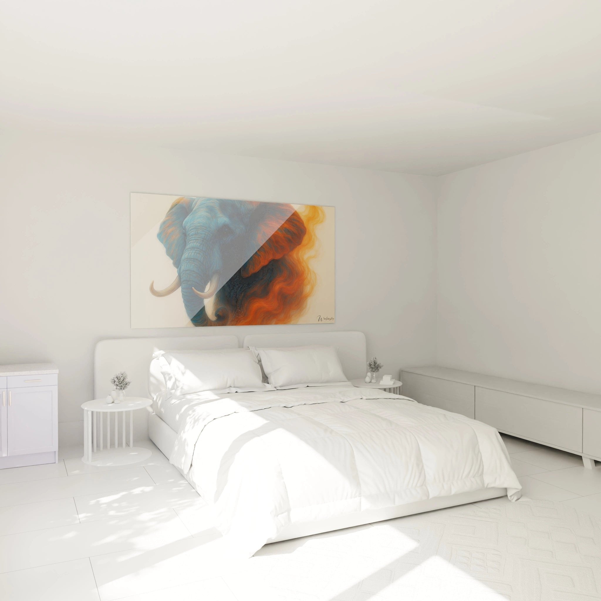 Elefant Fluid Art Wandbild im modernen Schlafzimmer über dem Bett als stilvolle Wanddekoration