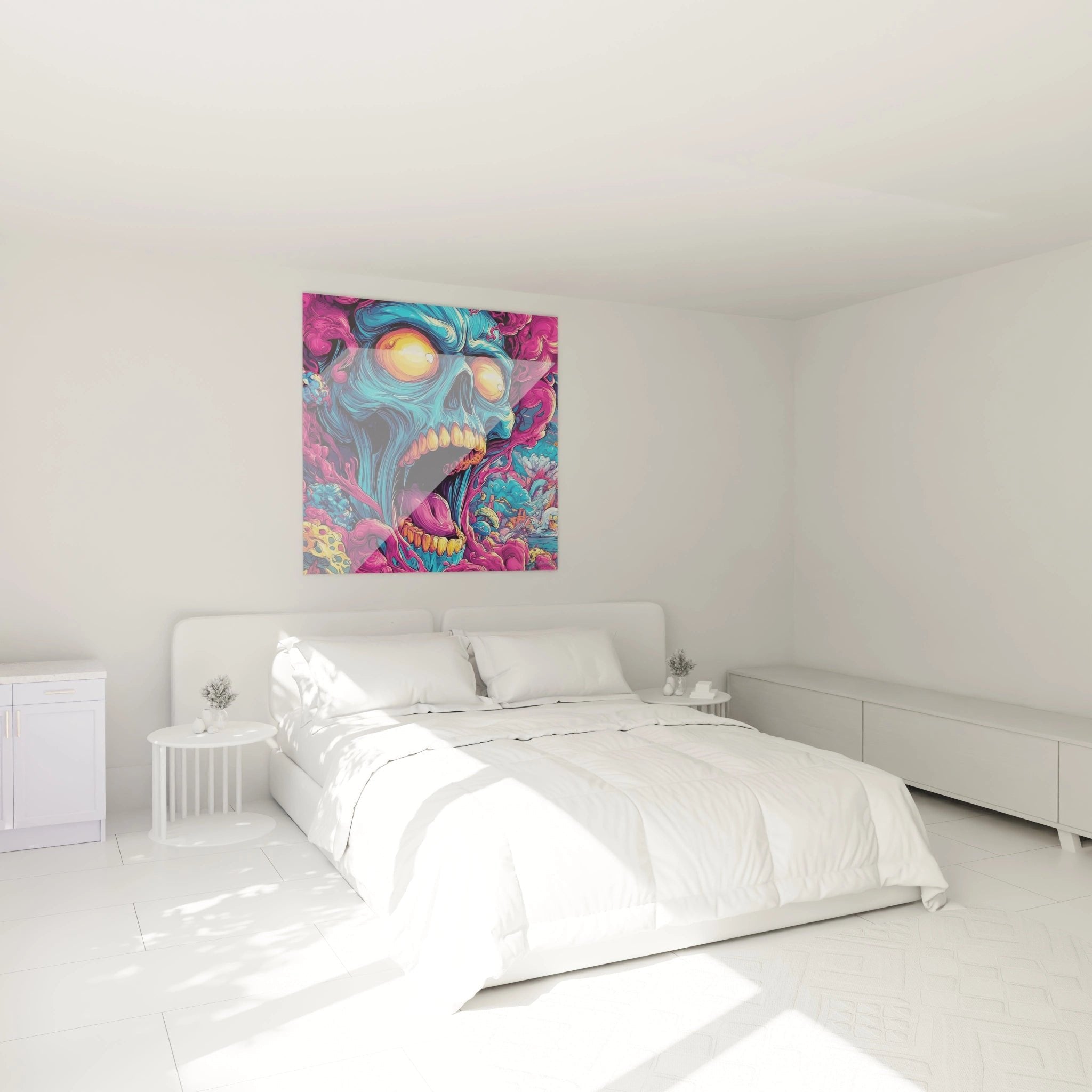Modernes Schlafzimmer mit psychedelischem Totenkopf-Wandbild in Neonfarben als spektakulärer Wandschmuck