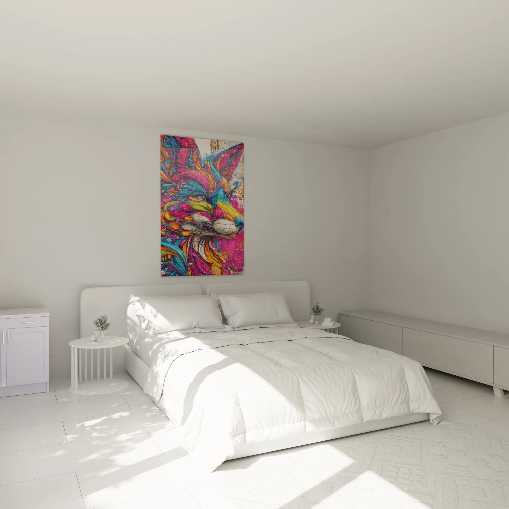 Psychedelisches Fuchs Wandbild als Dekoration im modernen Schlafzimmer mit warmer Beleuchtung