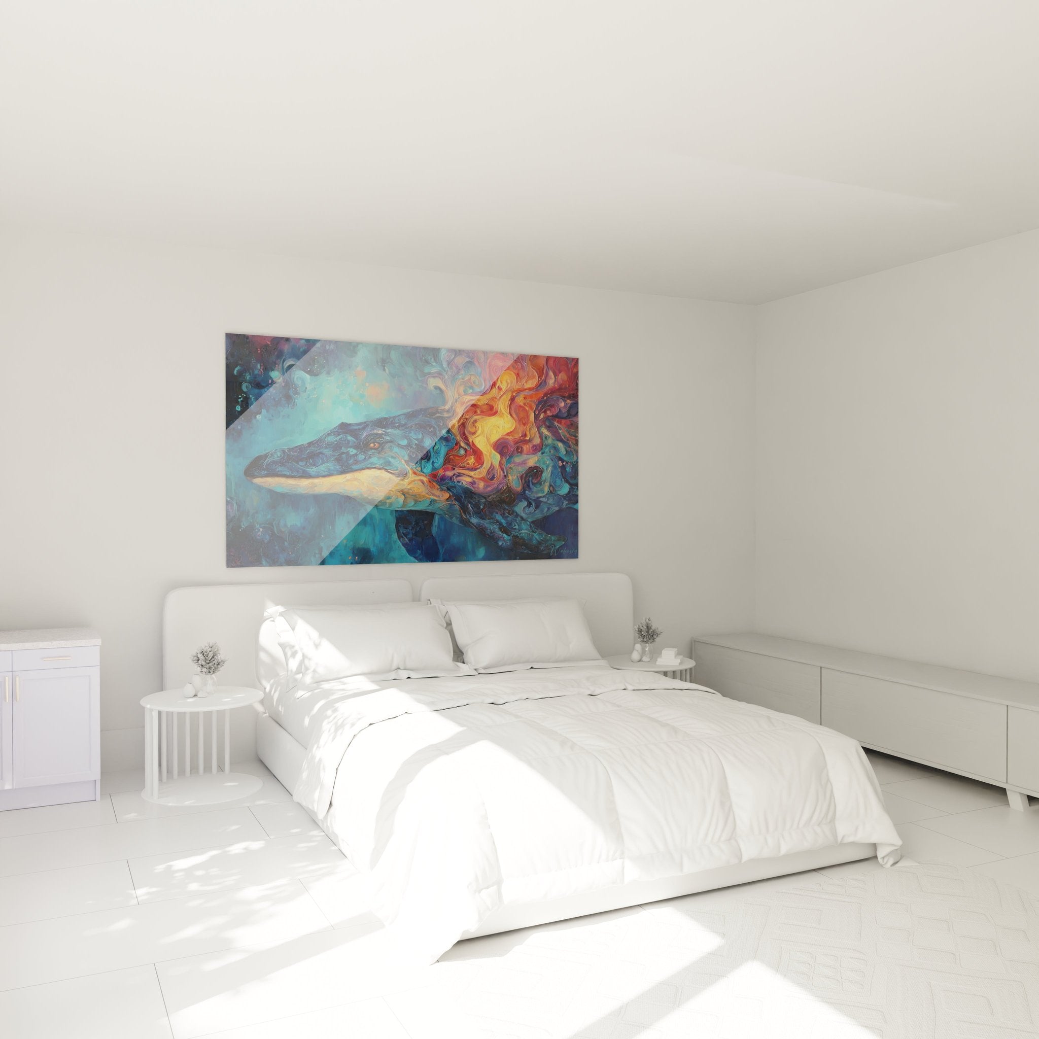 Basilosaurus Wandbild im Schlafzimmer - maritime Kunstdekoration mit Feuereffekten an der Wand