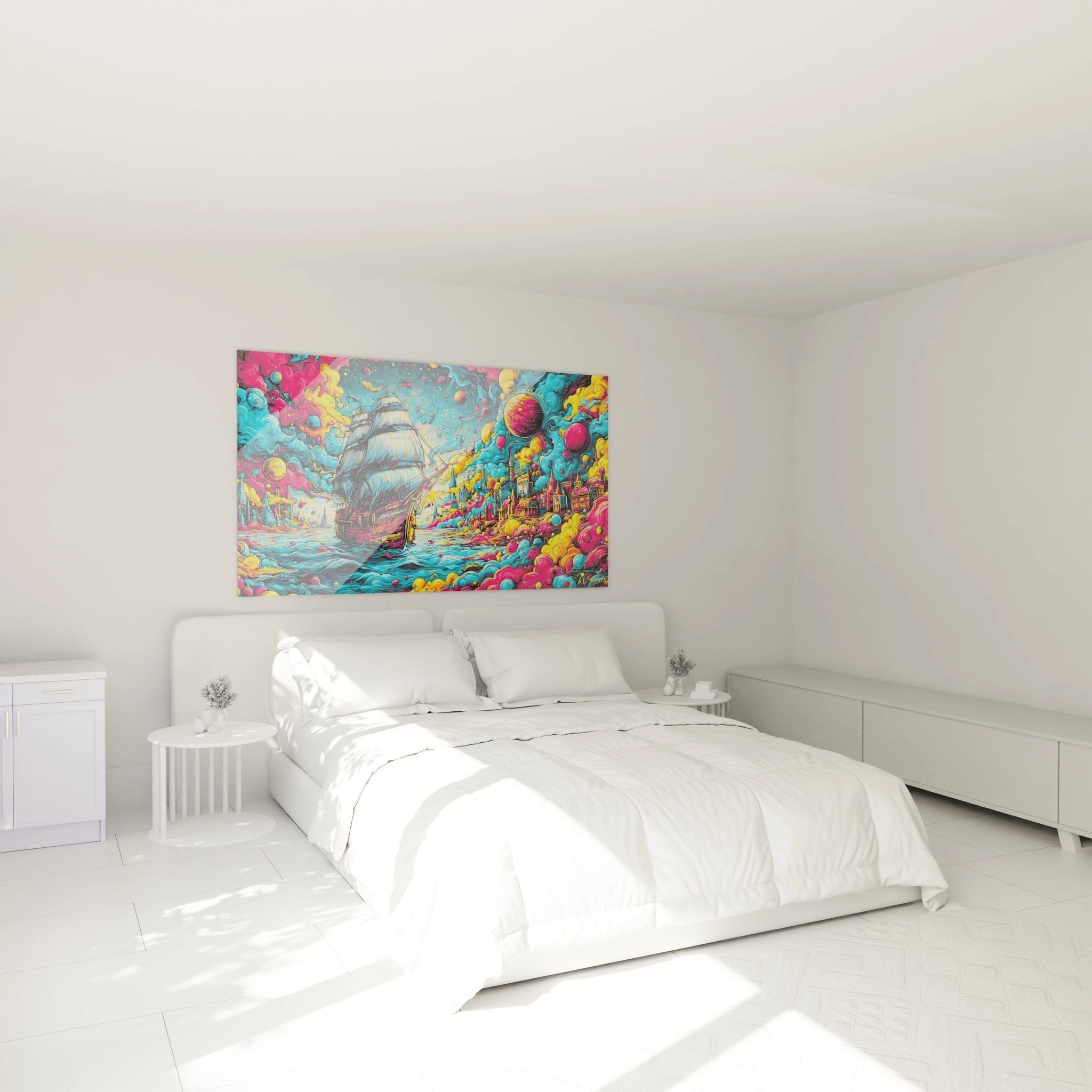 Segelschiff Farbexplosion Wandbild als Schlafzimmer Dekoration mit intensiven bunten Farben