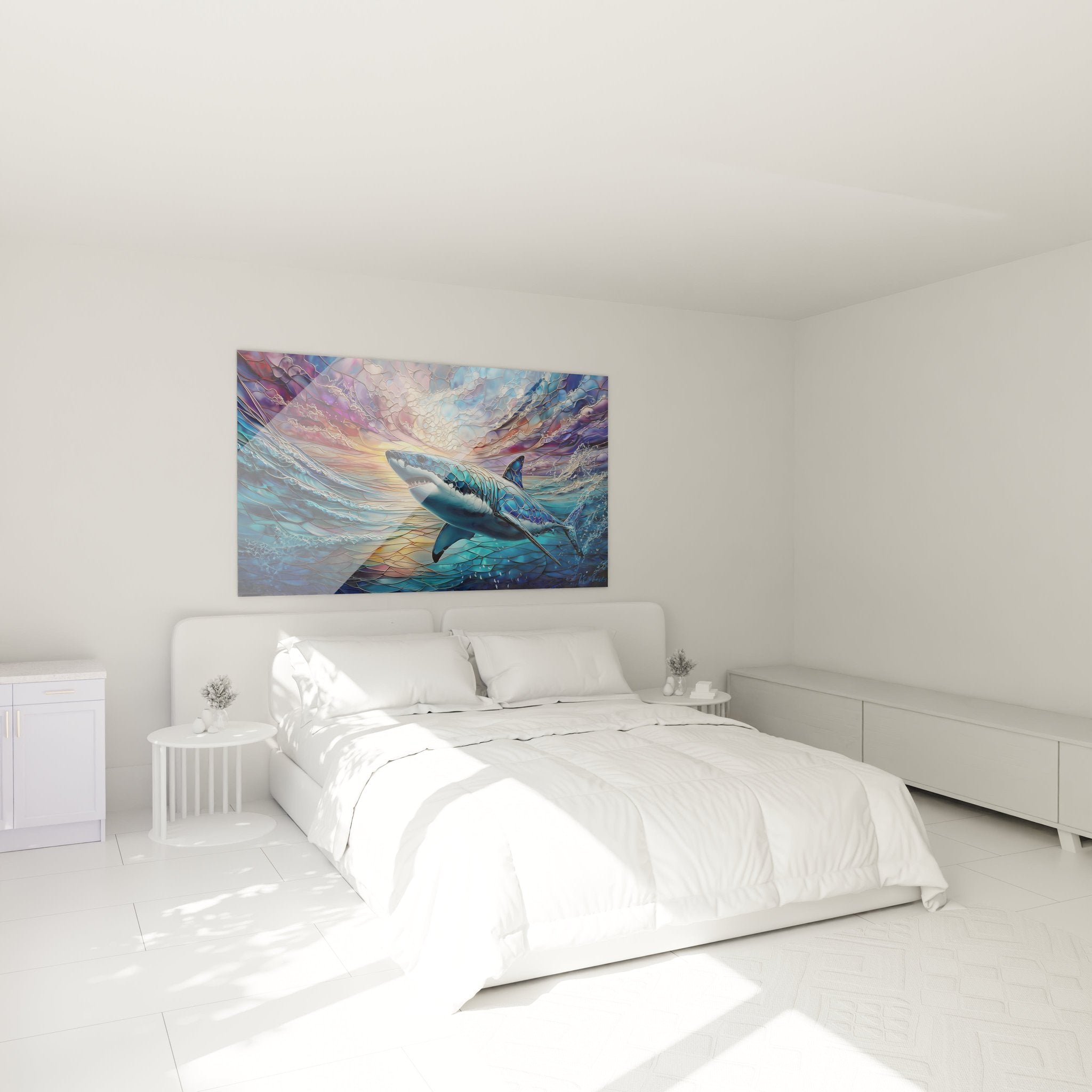 Hai Wandbild in modernem Schlafzimmer mit maritime Dekoration und Ozean Atmosphäre