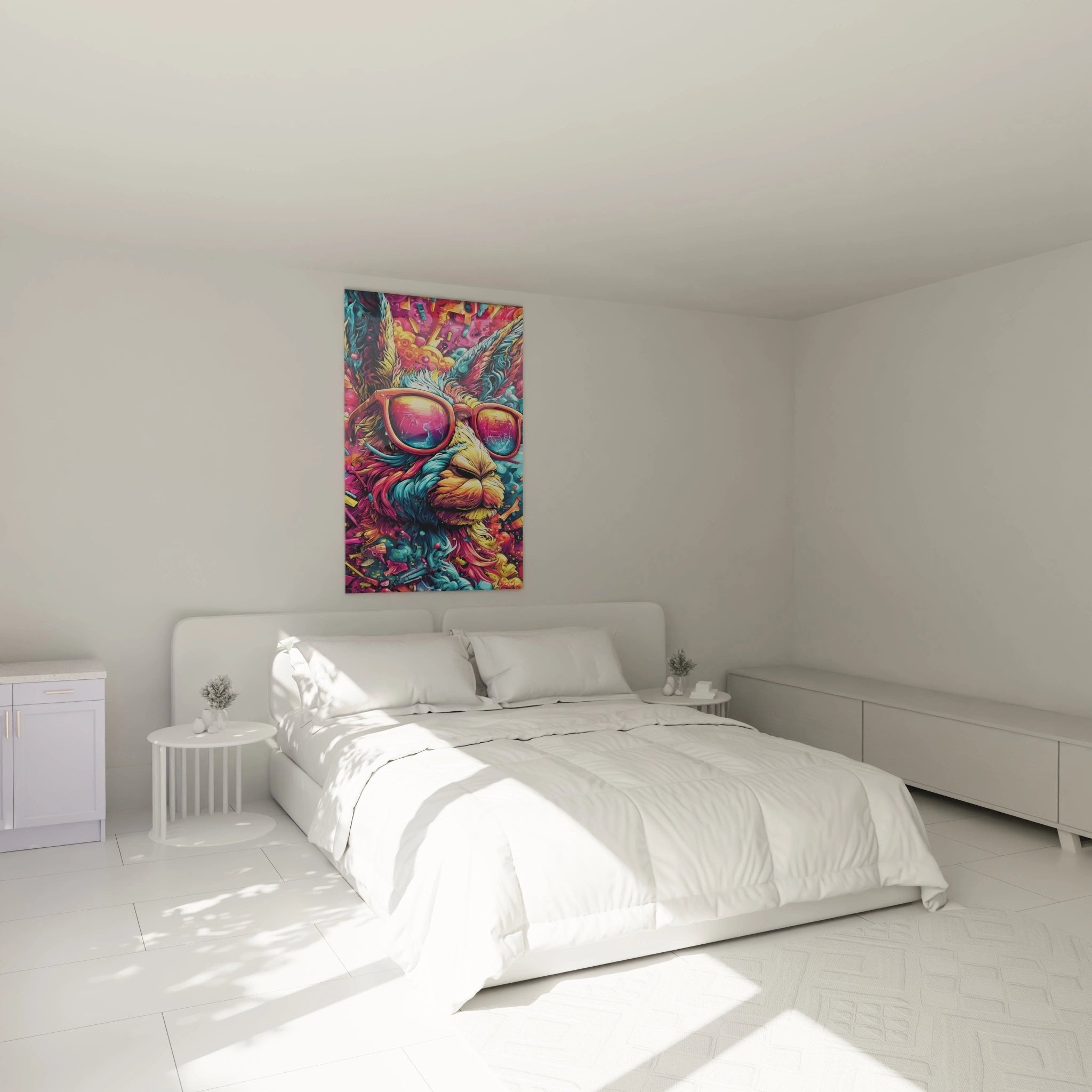 Lama Wandbild mit Sonnenbrille im Schlafzimmer - Farbenfrohe psychedelische Dekoration für Wohnräume