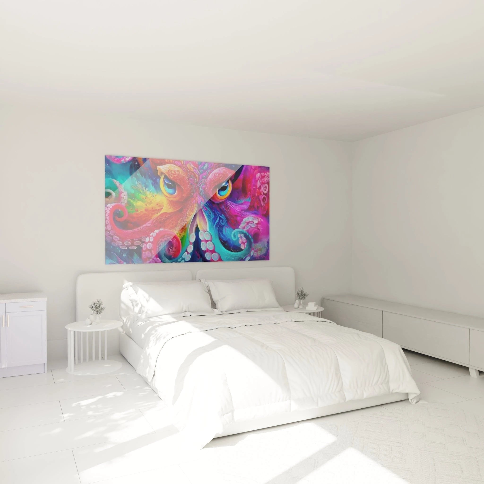 Farbenprächtiges Kraken Wandbild als Dekoration im modernen Schlafzimmer mit psychedelischen Farben