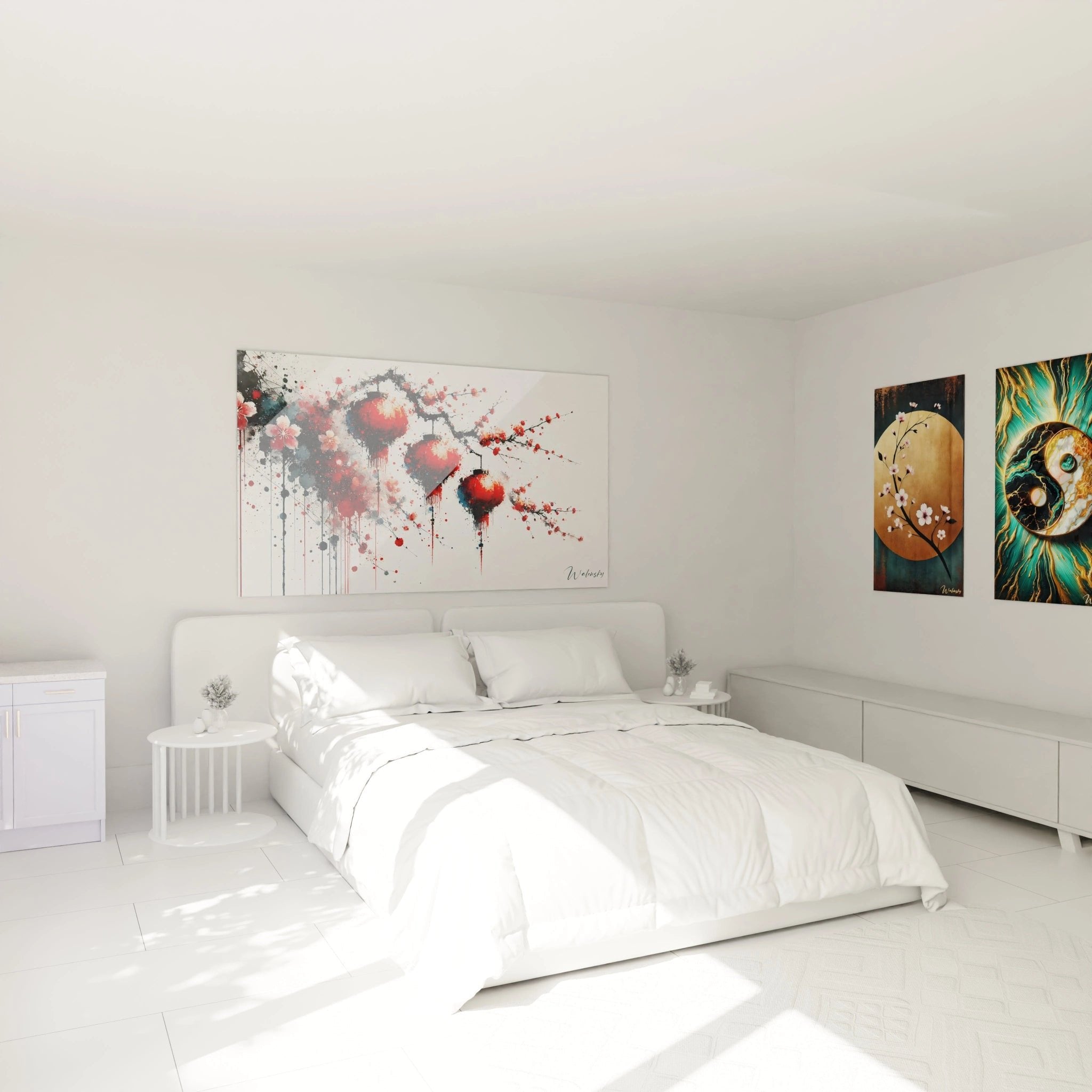 Japanisches Laternen-Wandbild im Schlafzimmer schafft beruhigende Zen-Atmosphäre mit Kirschblüten