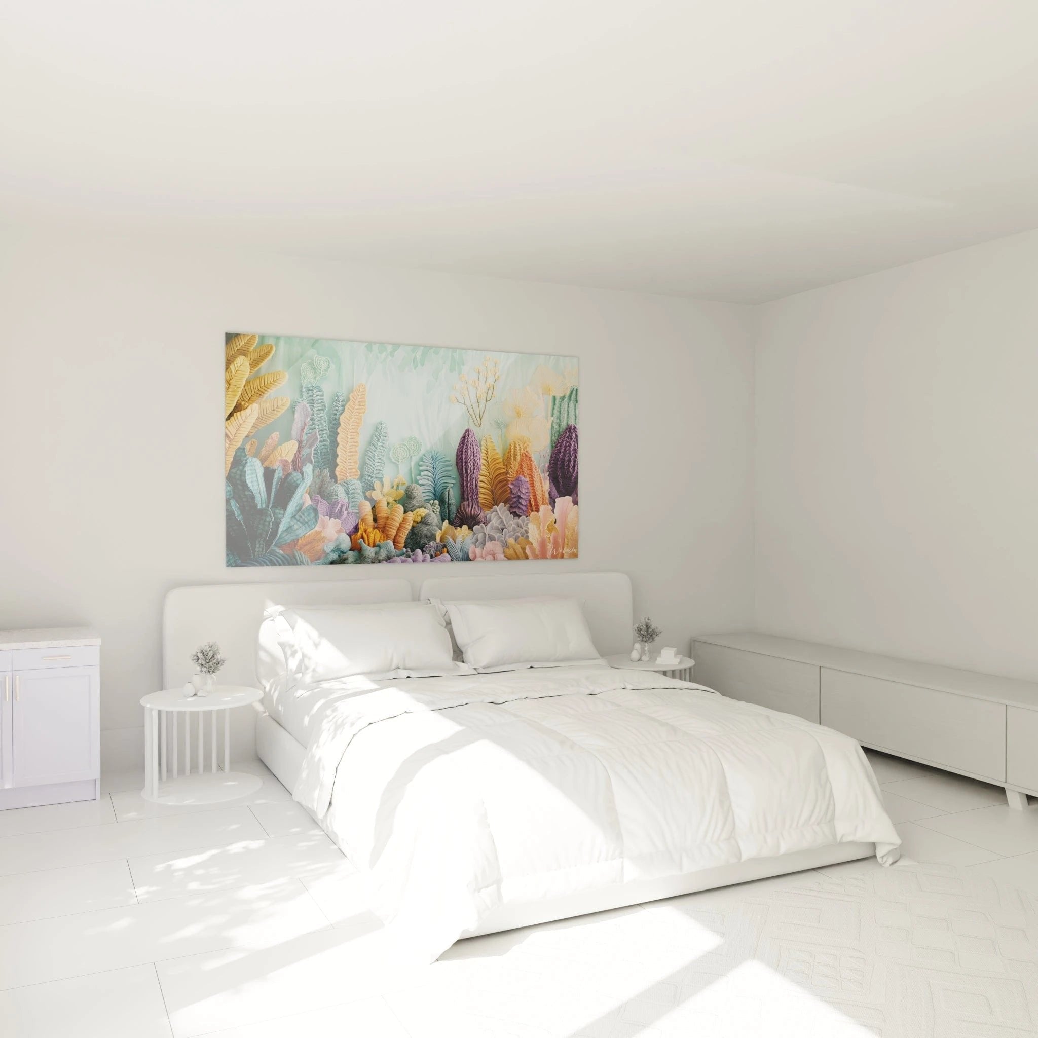 Unterwassergarten Wandbild im Schlafzimmer, häkeltextur Korallen schaffen entspannende Atmosphäre über dem Bett