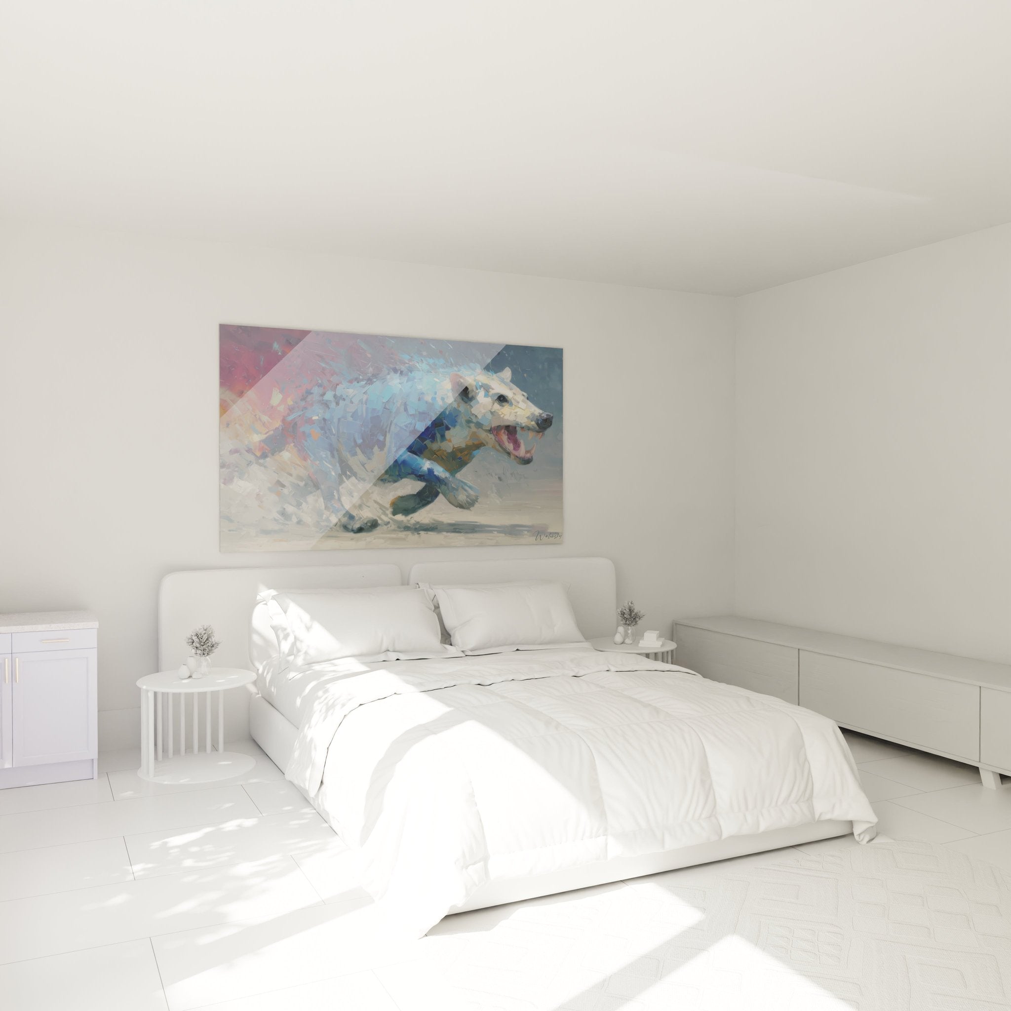 Andrewsarchus Wandbild als stilvolle Wanddekoration im modernen Schlafzimmer mit natürlicher Beleuchtung