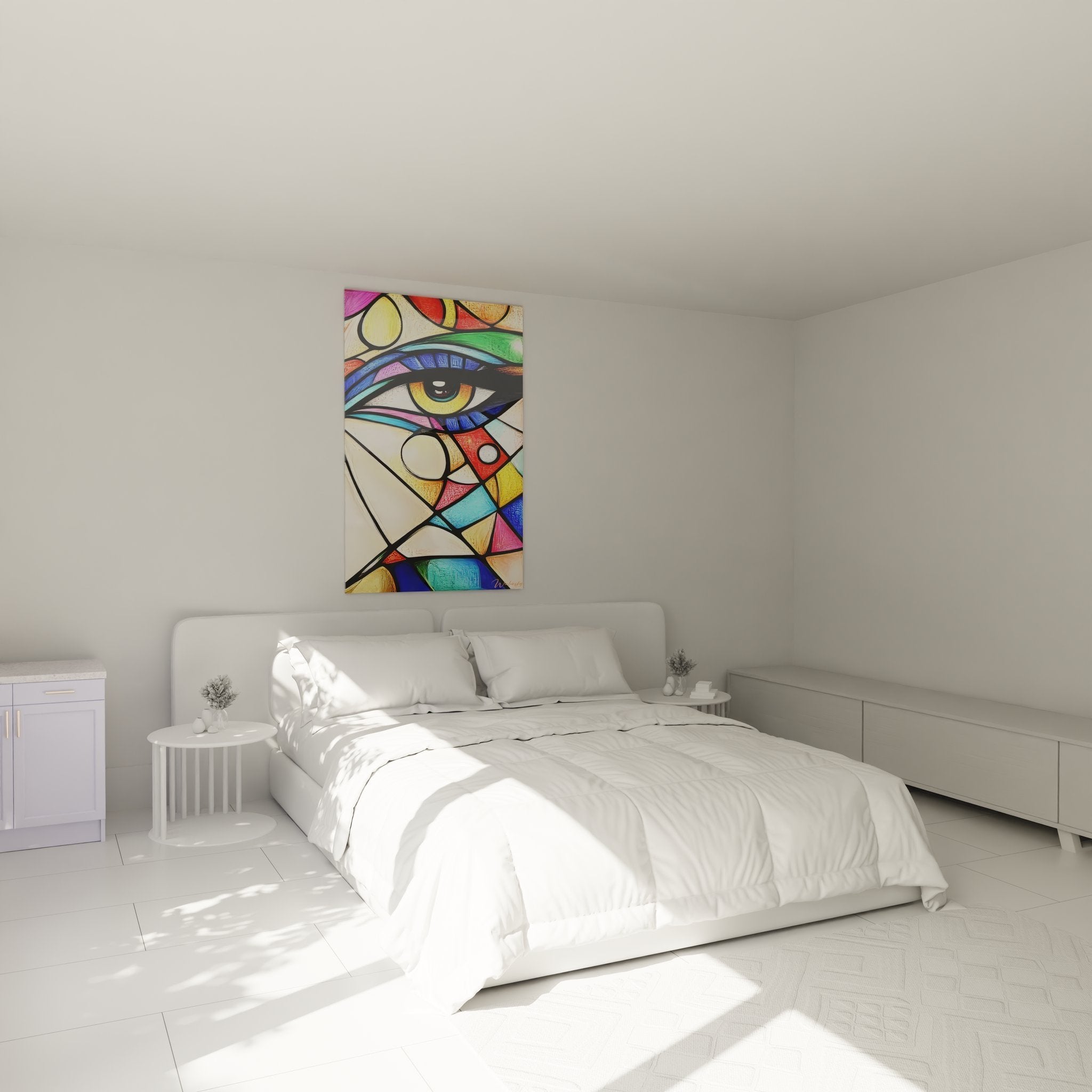 Wandbild abstrakte Augenkunst in Glasmalerei-Optik als stilvolle Dekoration im modernen Schlafzimmer